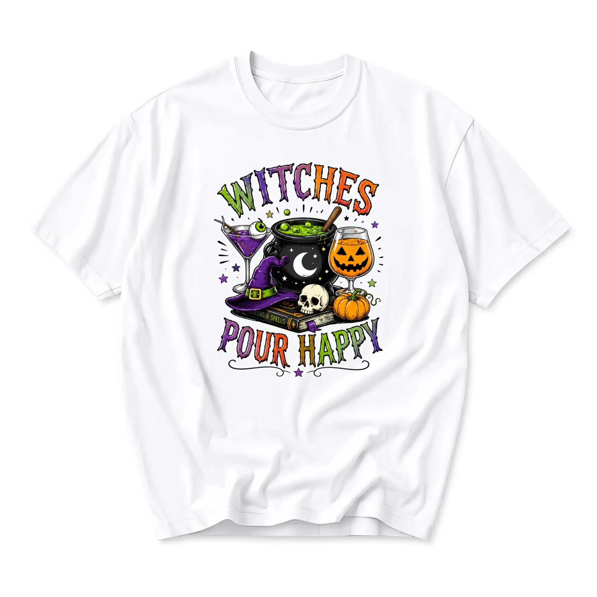 Funny Shirt Witches Pour Happy Graphic Tee Casual Unisex Crew Neck Top for Fall Season Celebration and Everyday Wear
