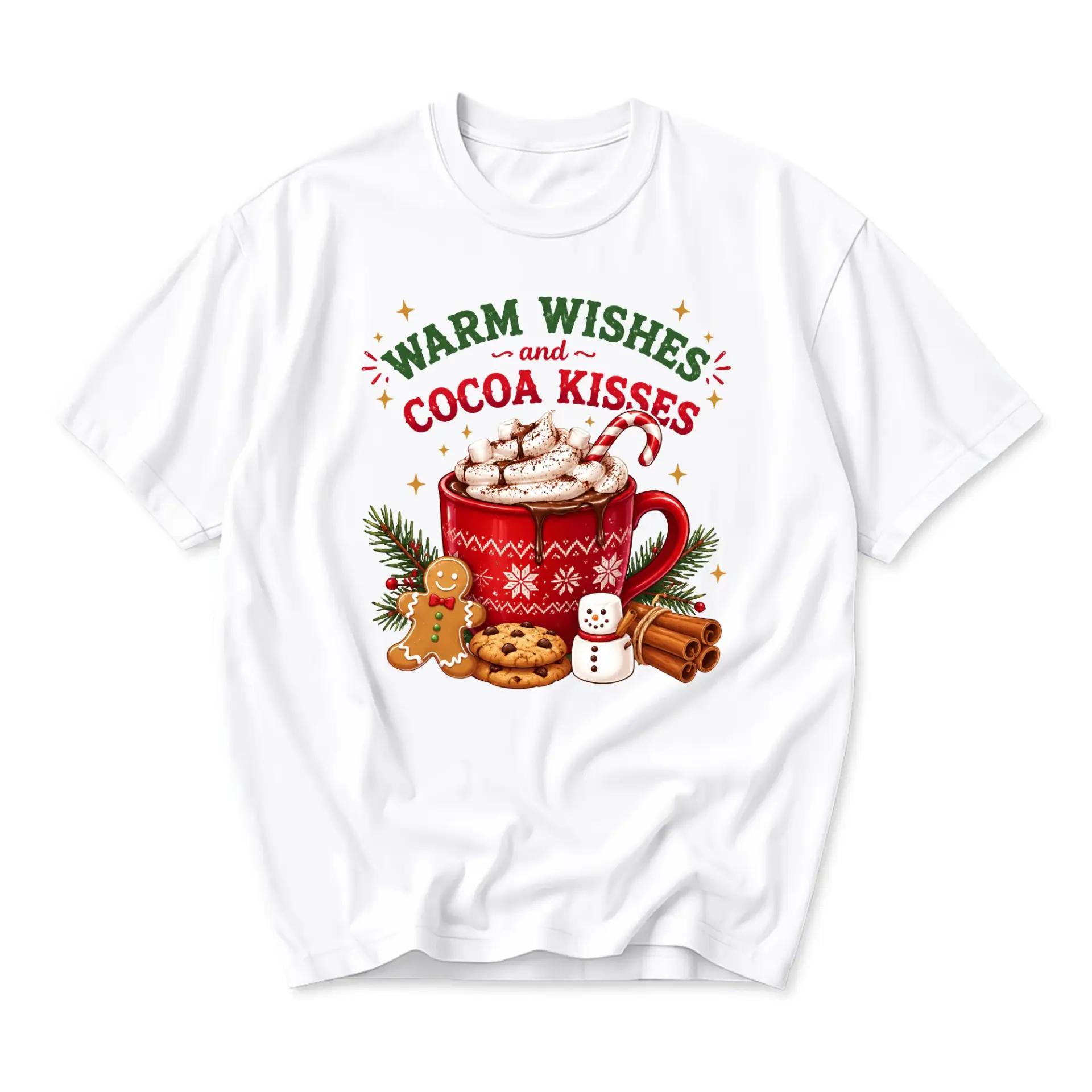 Graphic Tee Warm Wishes and Cocoa Kisses Holiday Hot Chocolate Mug Print Unisex Casual Crew Neck Cotton T-Shirt