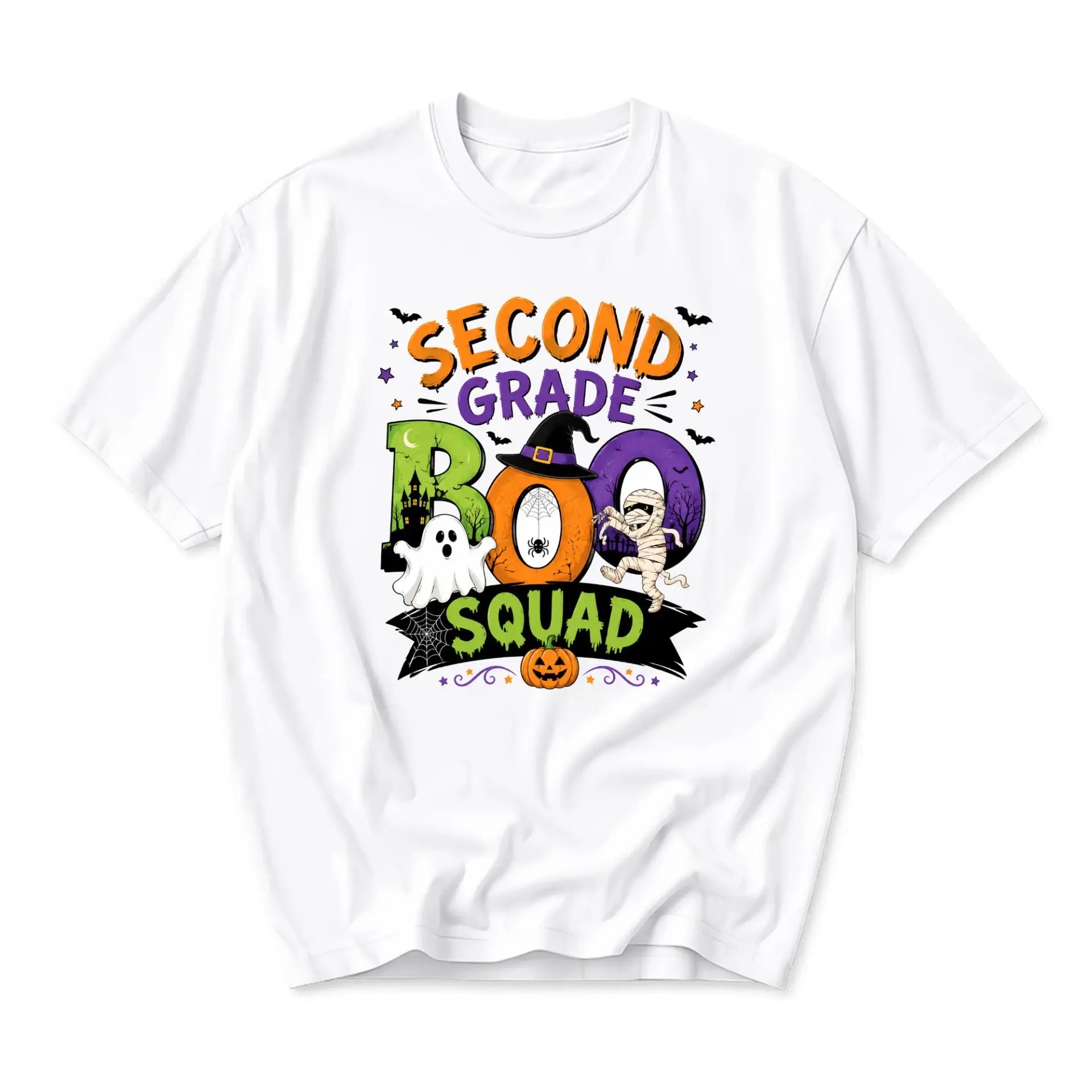Funny Shirt Second Grade Boo Squad Halloween Graphic Tee Unisex Crew Neck Casual Everyday Wear Soft Cotton Blend