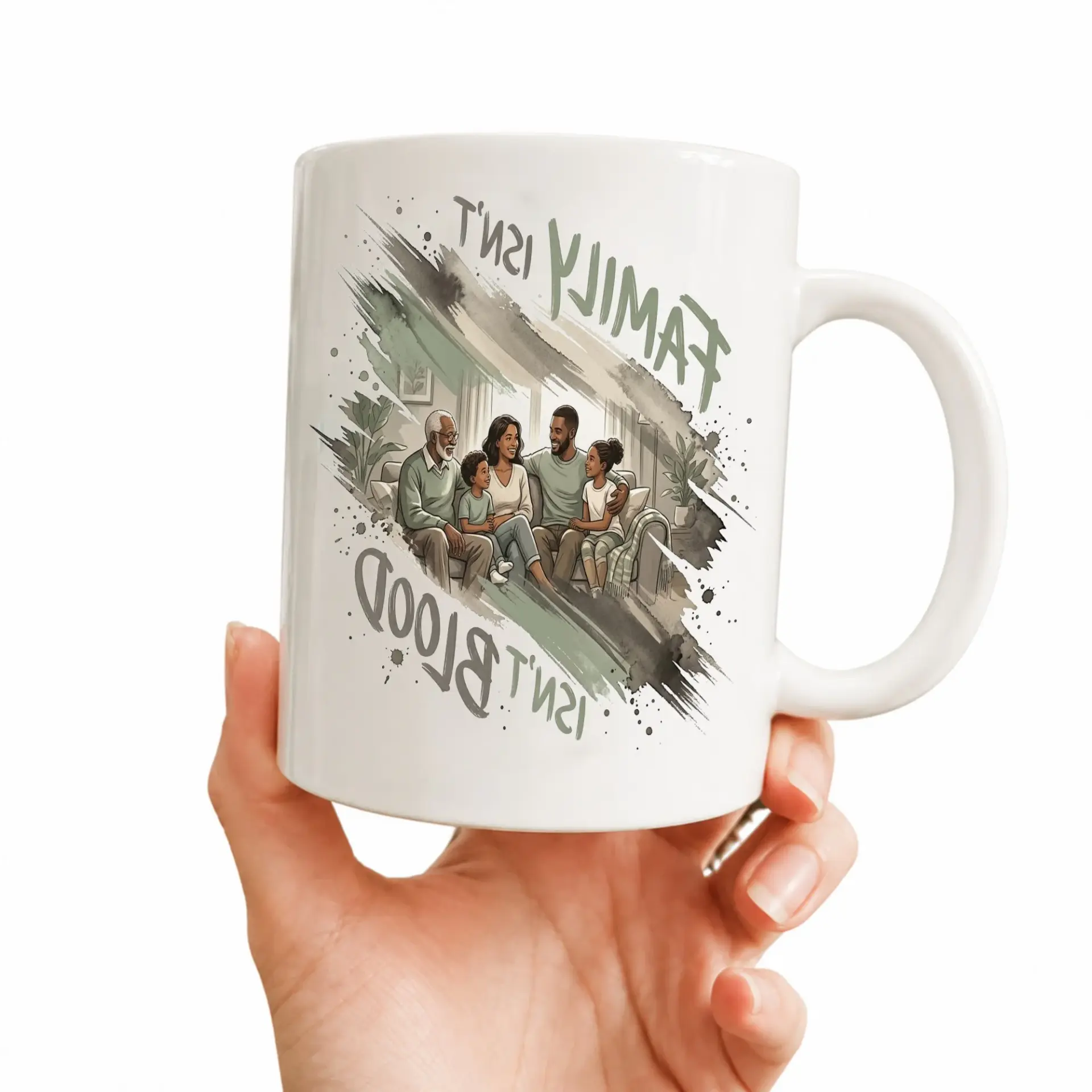 Inspirational Family Sentiment Coffee Mug with Blue Handle and Rim Ceramic Drinkware for Home or Office Desktop Use