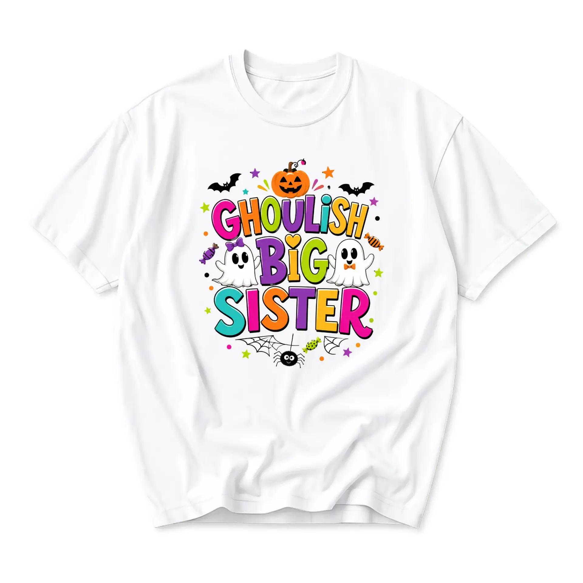 Funny Shirt Ghoulish Big Sister Halloween Graphic Tee Casual Unisex Crew Neck Top for Fall Season Holiday Wear