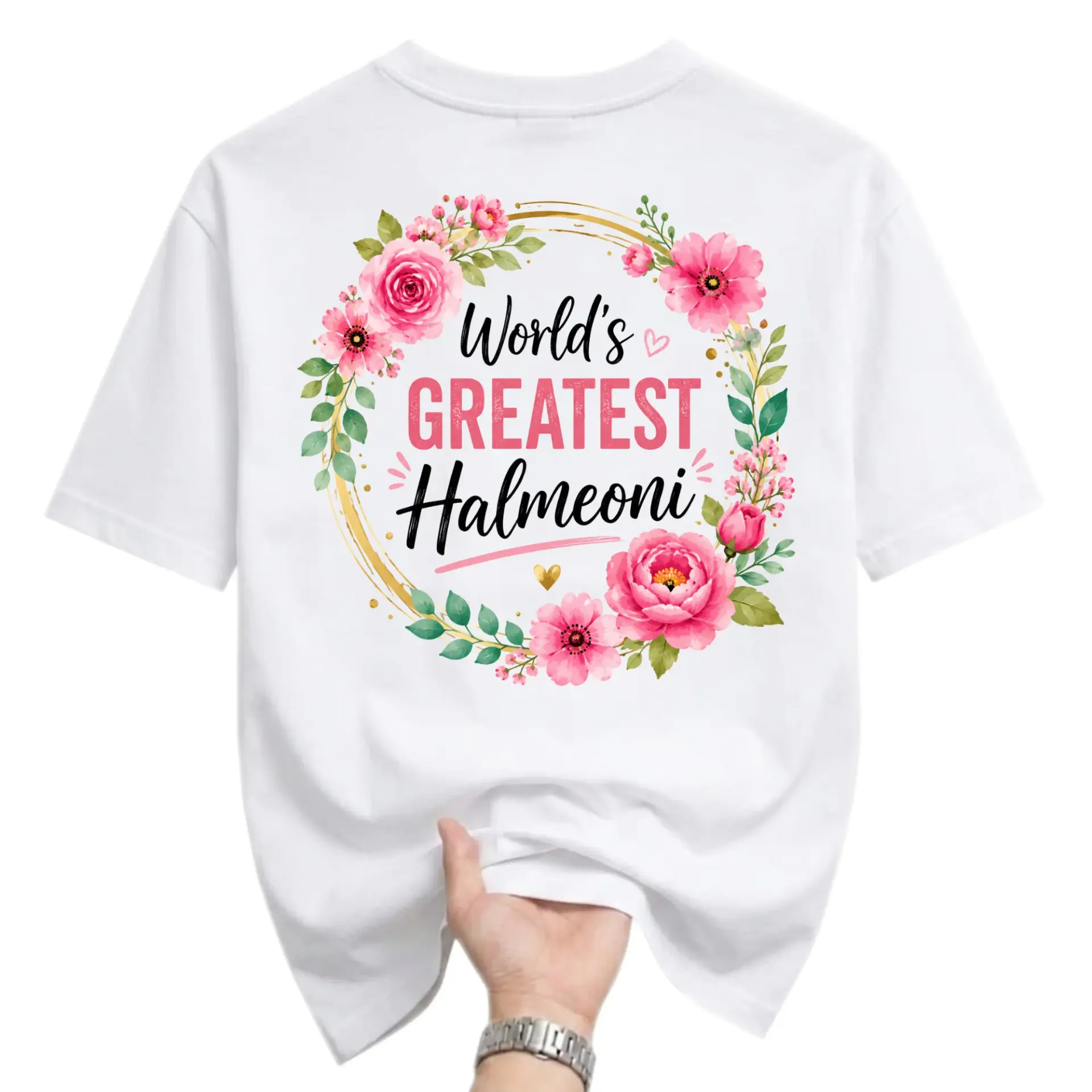 T-shirt World's Greatest Halmeoni Graphic Tee Floral Wreath Design Casual Unisex Crew Neck Top Gift for Grandmother