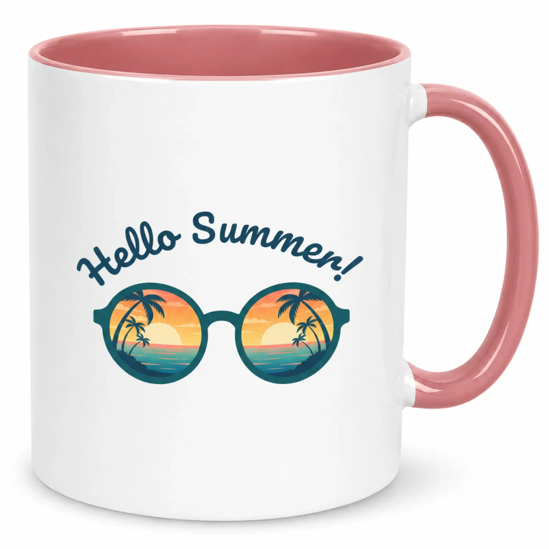 Hello Summer Ceramic Coffee Mug, Tropical Sunset Sunglasses Design White and Pink Accent Drinkware, Fun Vacation Gift for Friends