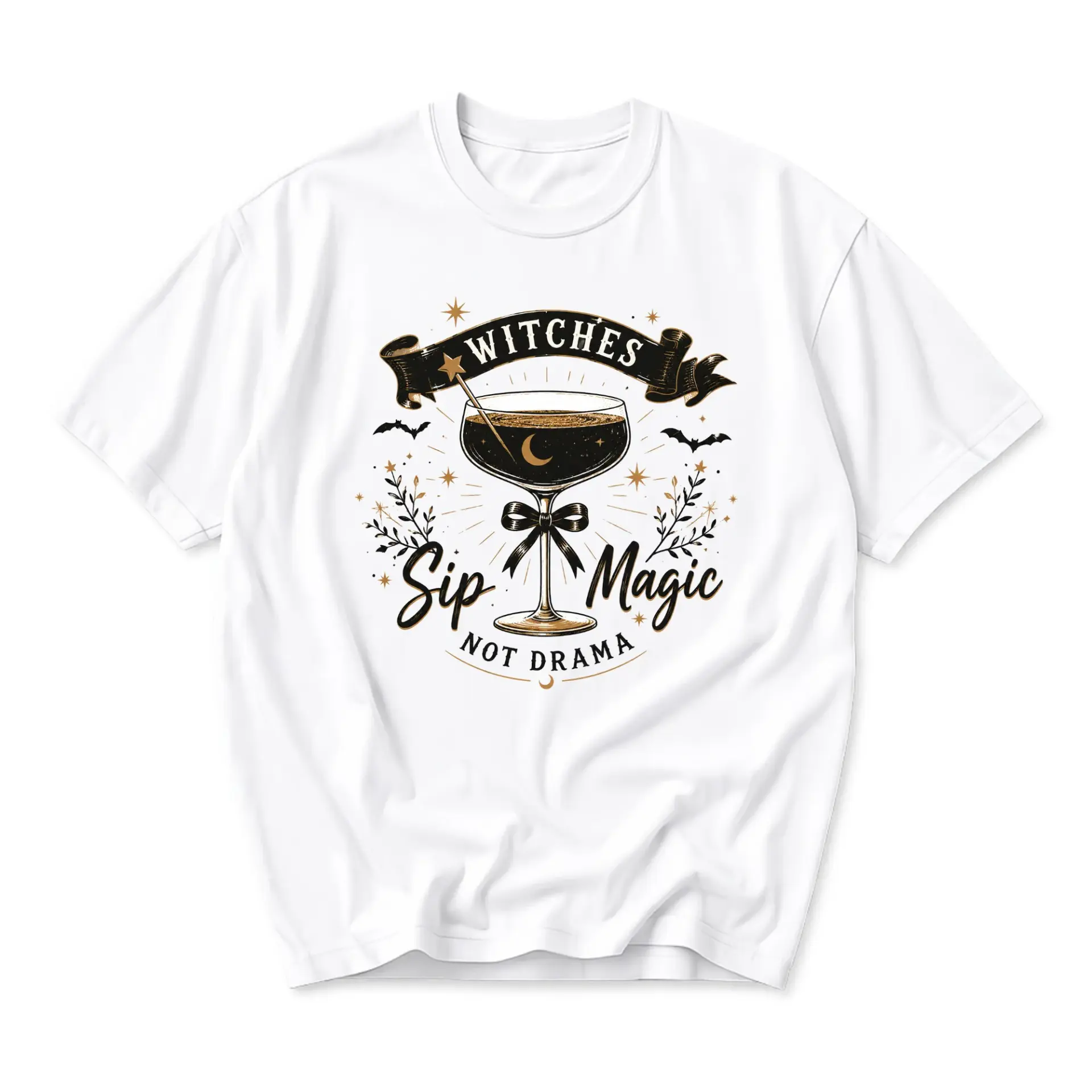 Funny Shirt Witches Sip Magic Not Drama Graphic Printed T-Shirt Casual Everyday Apparel for Occult and Mystical Themes