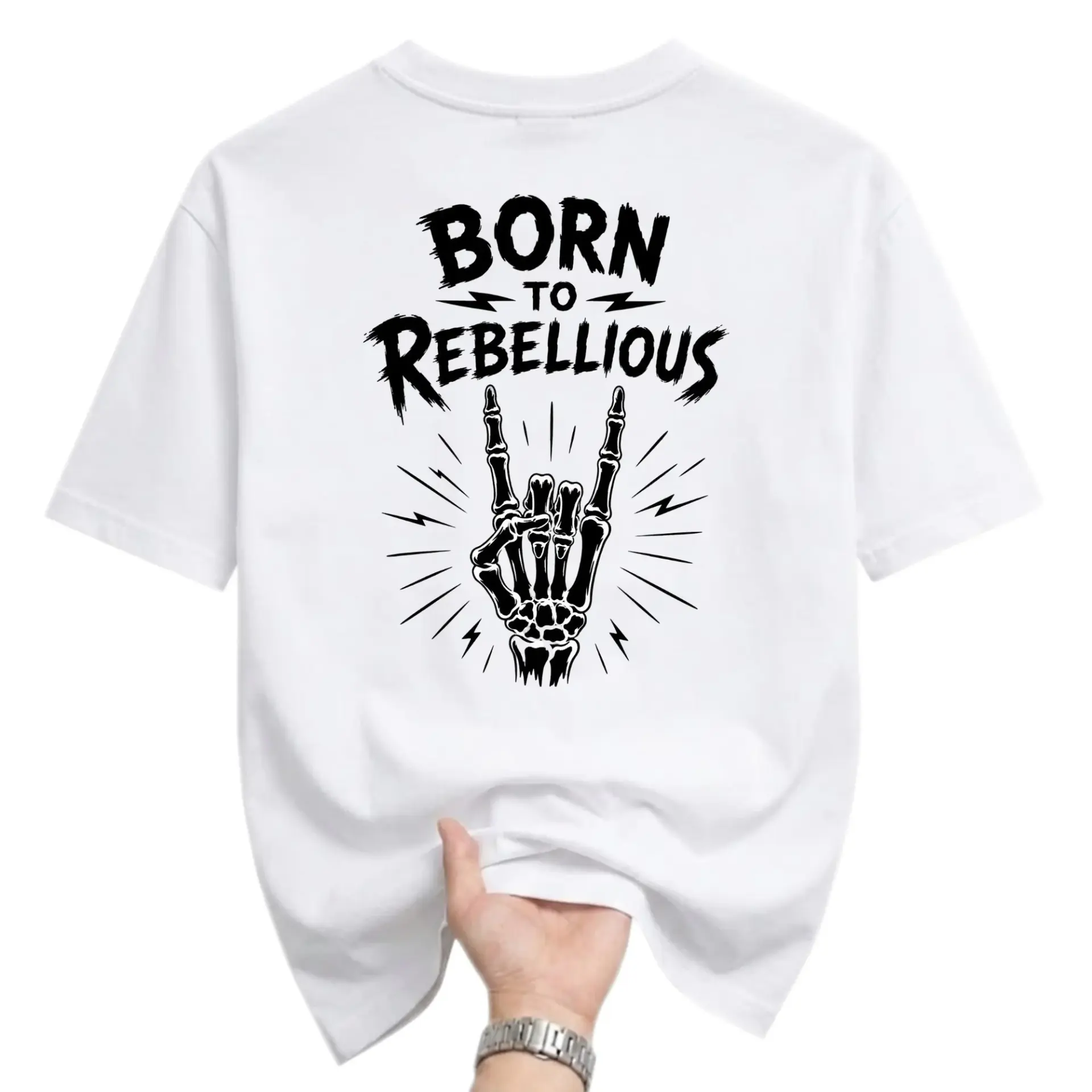 Graphic Tee Born to Rebellious Skeleton Hand Rock and Roll Music Theme Unisex Crew Neck Casual Cotton Shirt White