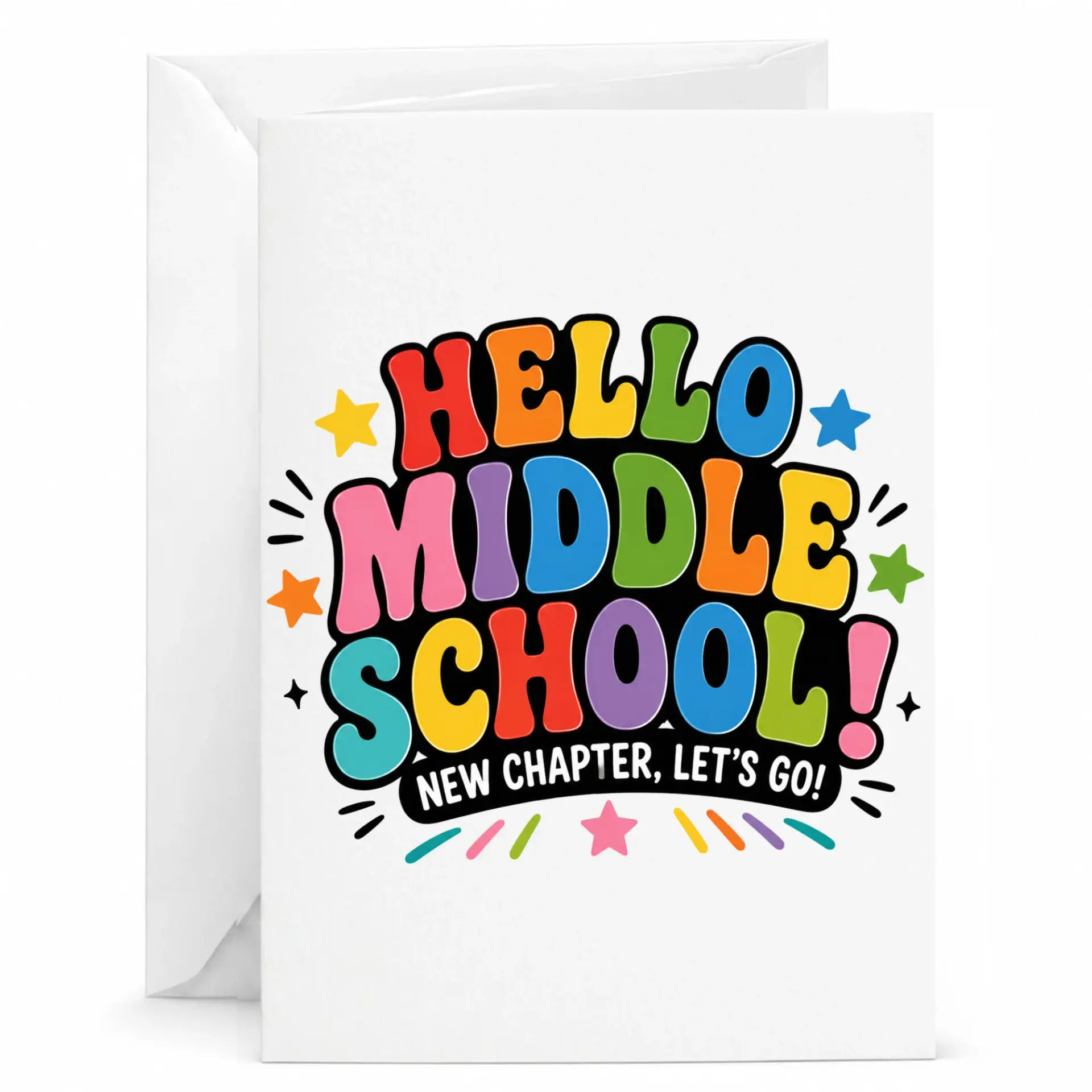Greeting Card Hello New Chapter Let's Go Colorful Typography Design 5x7 Inches Folded