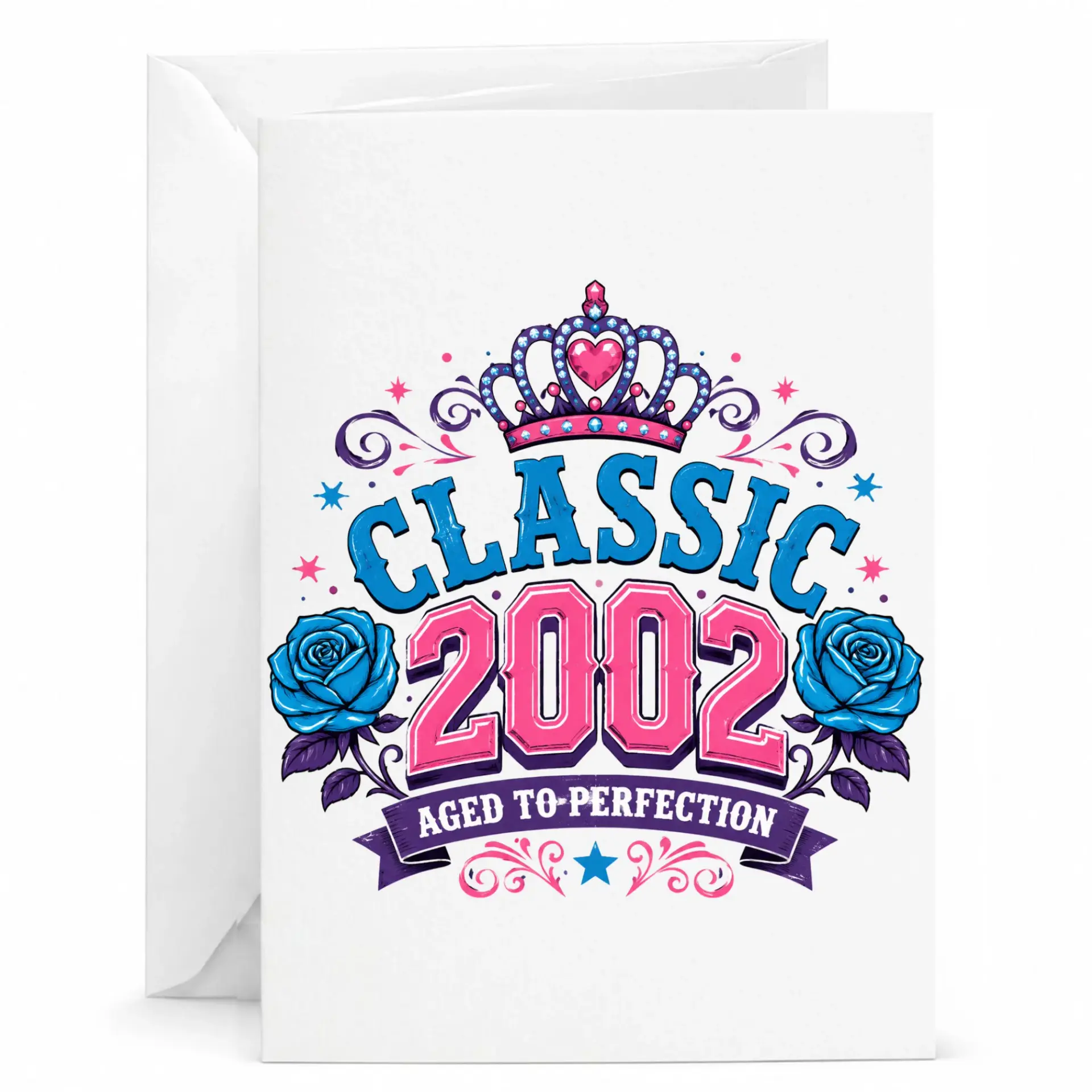 Birthday Card Classic 2002 Aged to Perfection Greeting Card with Elegant Crown and Floral Rose Graphic Design Print