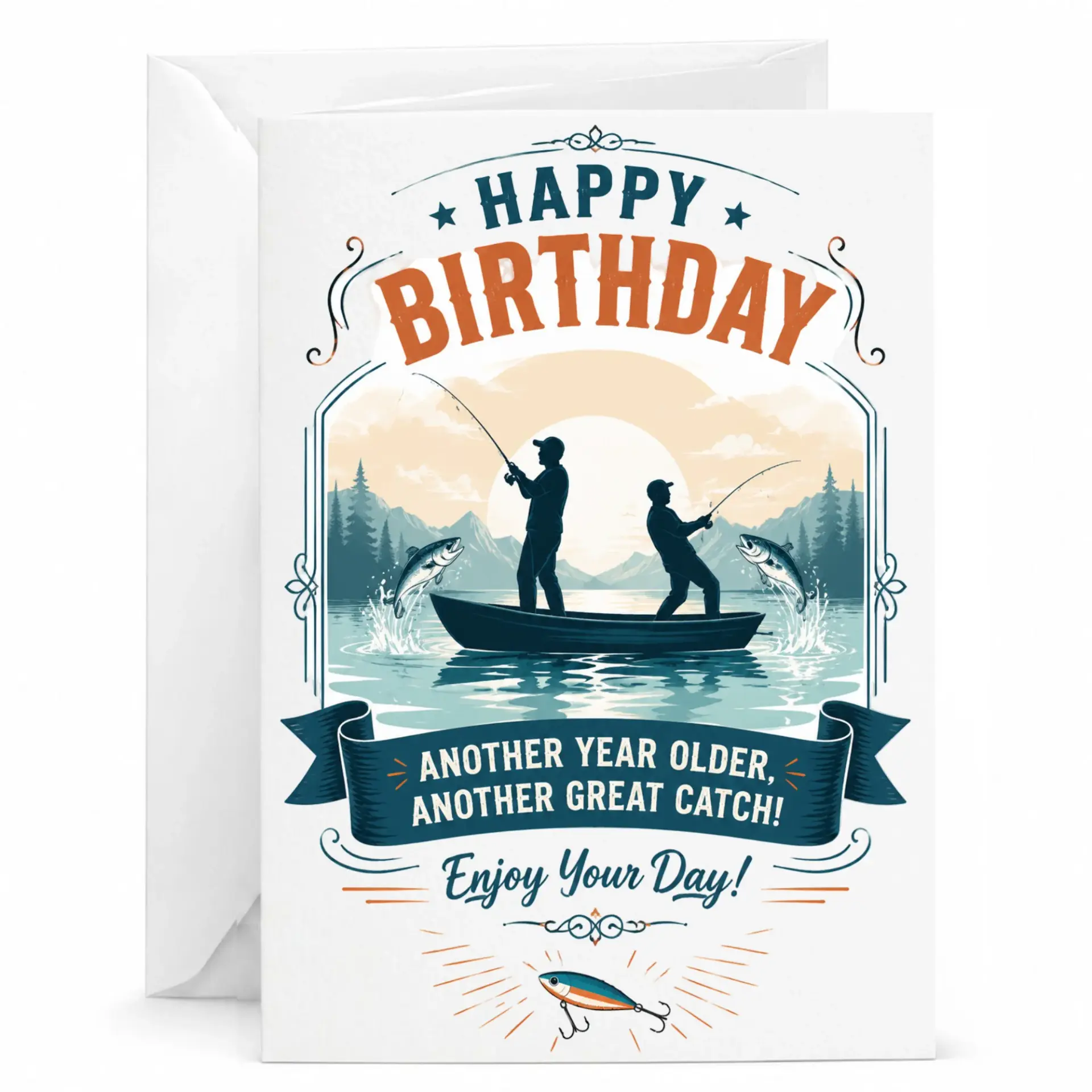 Birthday Card for Fishermen, Funny Fishing Themed Greeting Card with Envelope, Outdoor Enthusiast Birthday Stationery