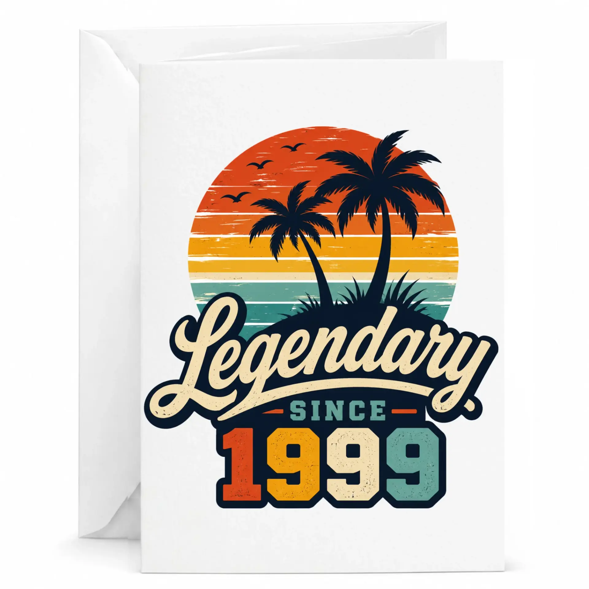 Birthday Card Legendary Since 1999 Tropical Sunset Theme Premium Greeting Card for Milestone Celebration and Keepsake Gift
