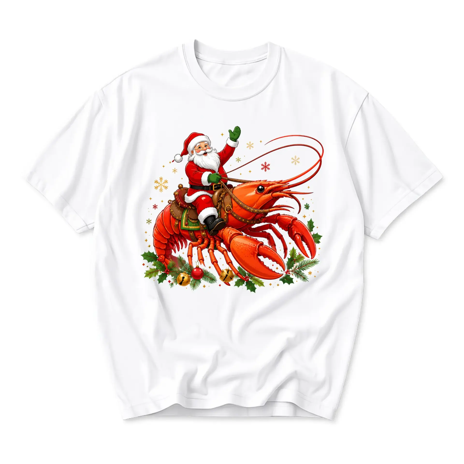 Graphic Tee Santa Claus Riding a Giant Lobster Funny Holiday Unisex Crew