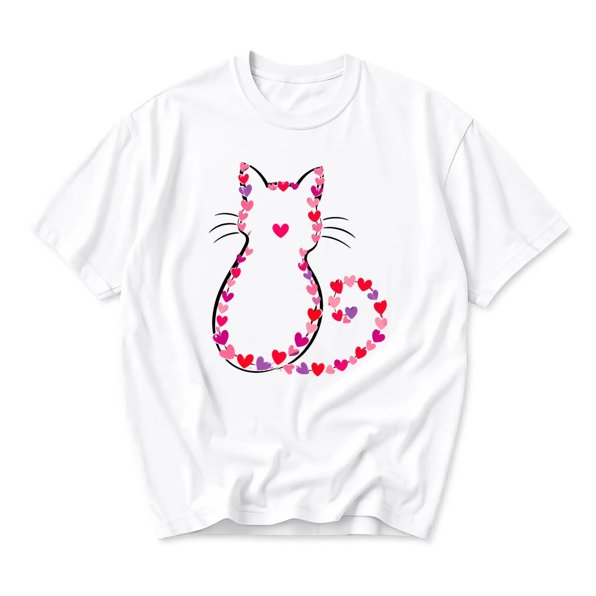 T-shirt Graphic Tee Featuring Artistic Cat Outline Composed of Colorful Hearts for Casual Everyday Wear and Style