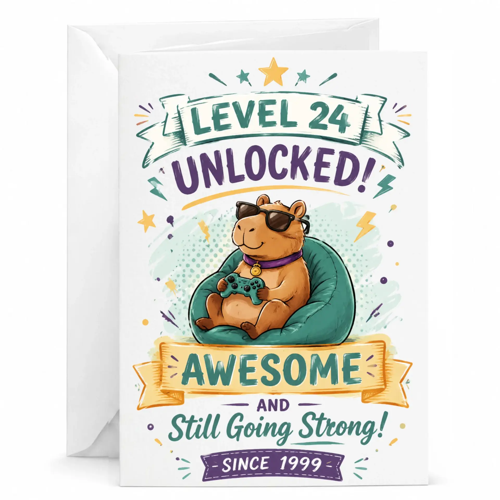 Birthday Card Level 24 Unlocked Funny Gaming Capybara Design for 24th Birthday Greeting Card with Envelope