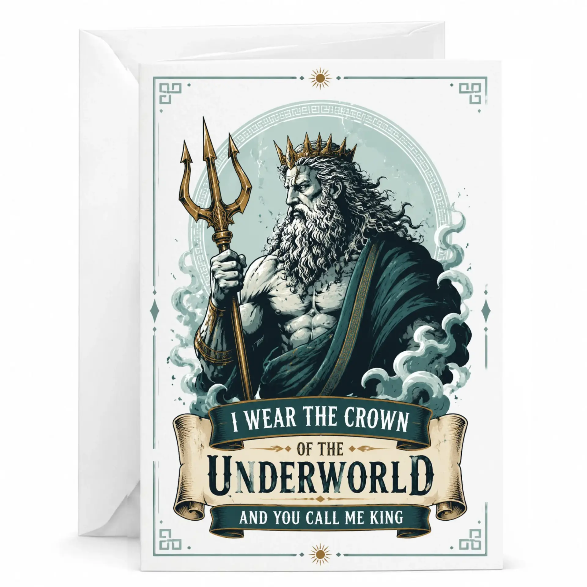 Greeting Card with Mythological Sea Ruler Design Featuring Artwork and Bold Typography