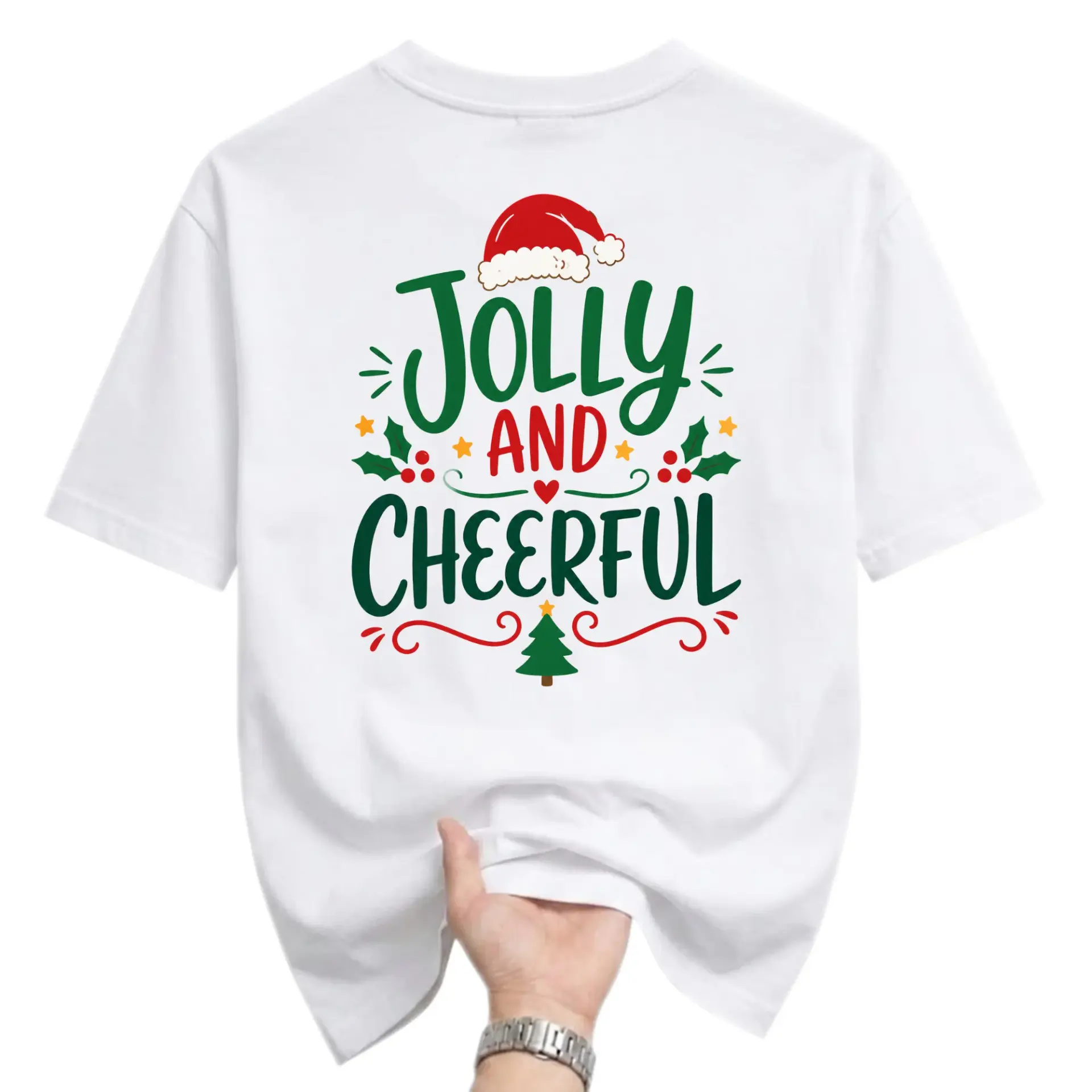 Graphic Tee Jolly and Cheerful Holiday Christmas Shirt Unisex Crew Neck