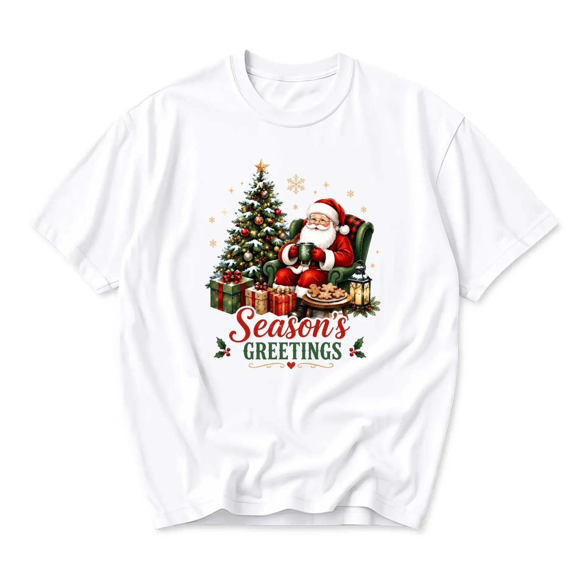 Graphic Tee Season's Greetings Christmas Santa Claus Unisex Crew Neck Shirt for Casual Holiday Wear and Winter Style