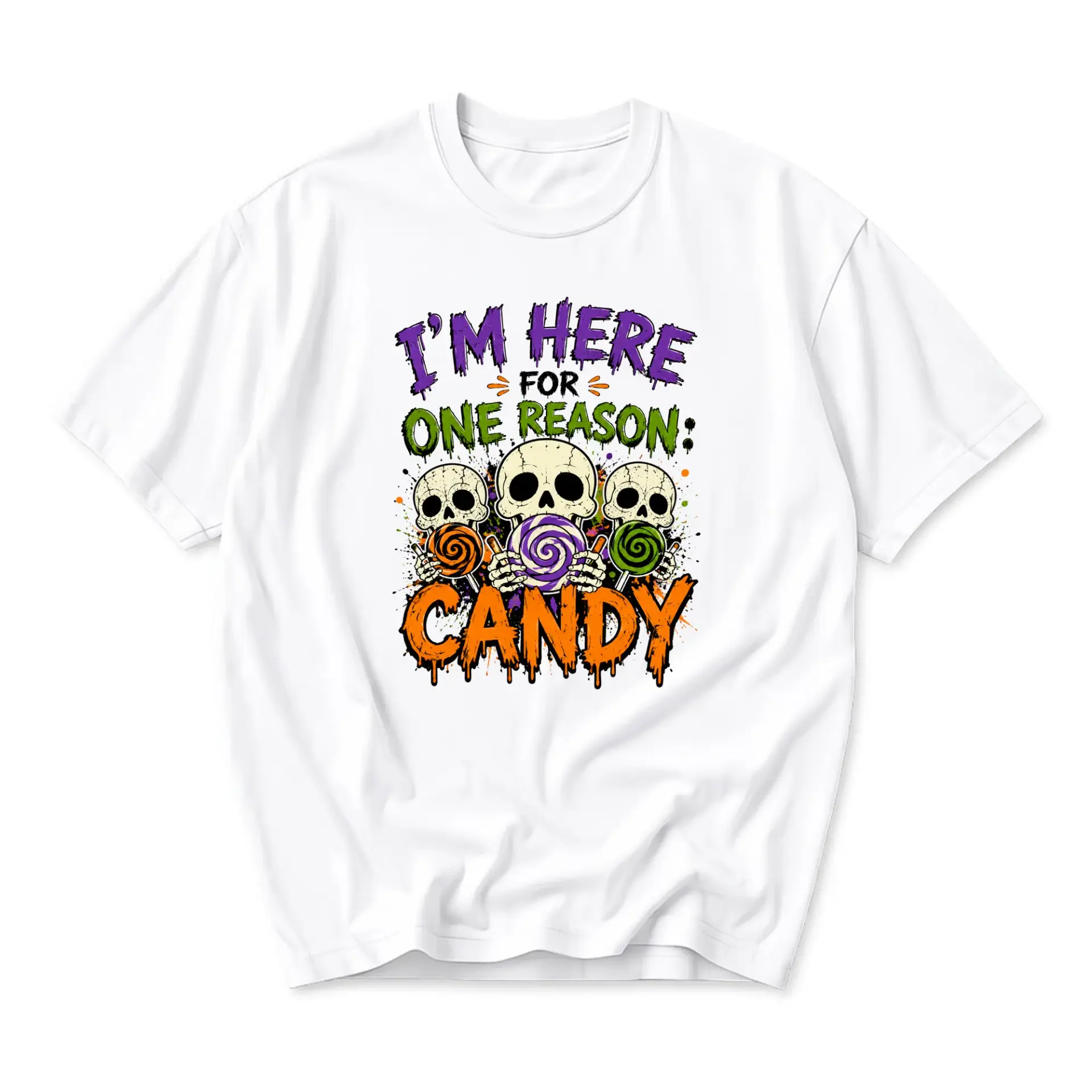 Graphic Tee I Am Here for One Reason Candy Shirt Skeleton Holding Lollipop Funny Seasonal Unisex Crew Neck Cotton Top
