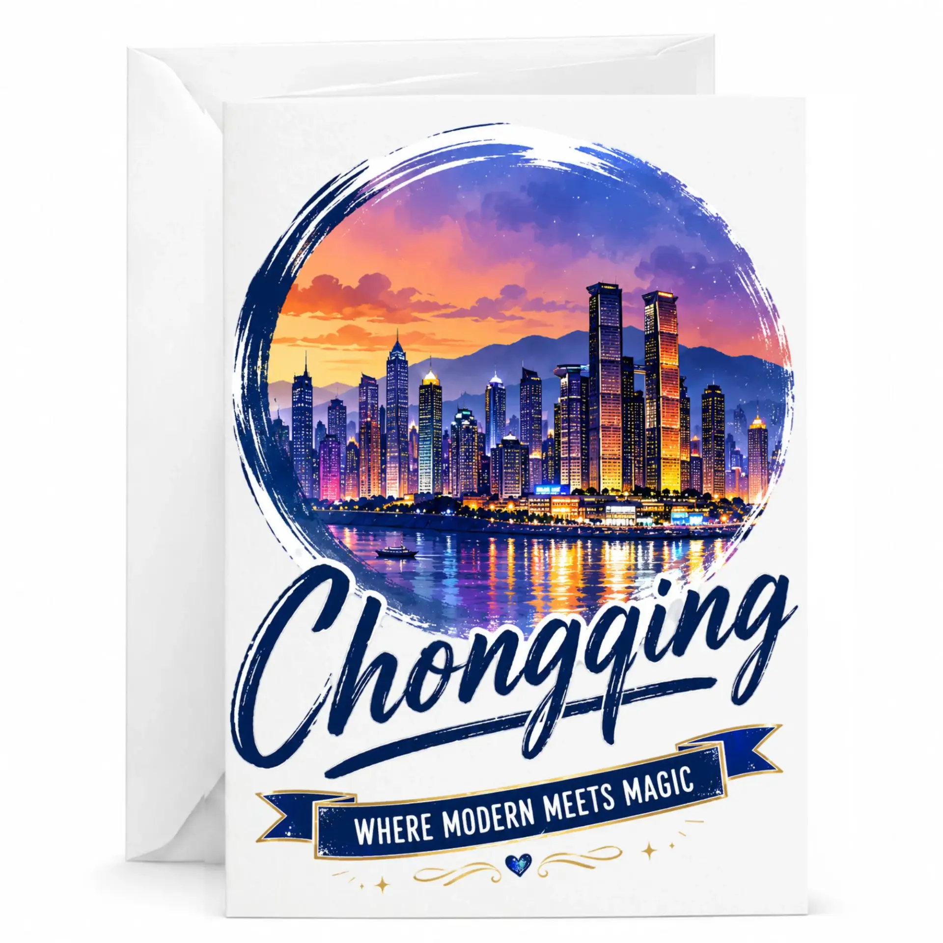 Greeting Card Chongqing City Sunset Urban Art Print for Special Occasions and