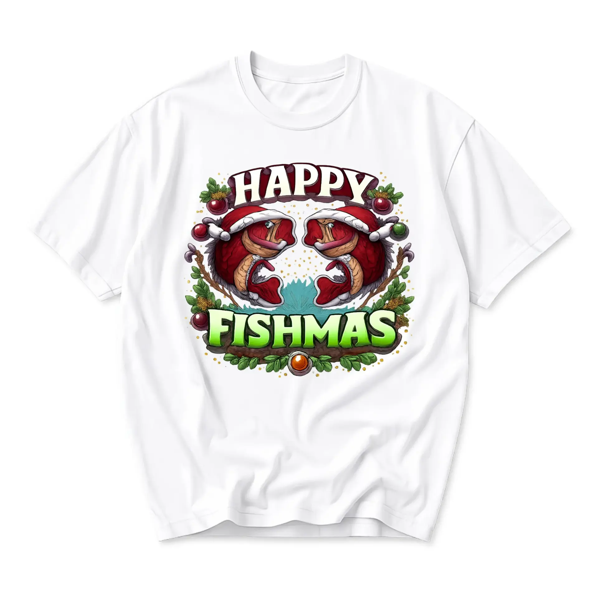Funny Shirt Happy Fishmas Holiday Graphic Tee Unisex Short Sleeve Crew Neck