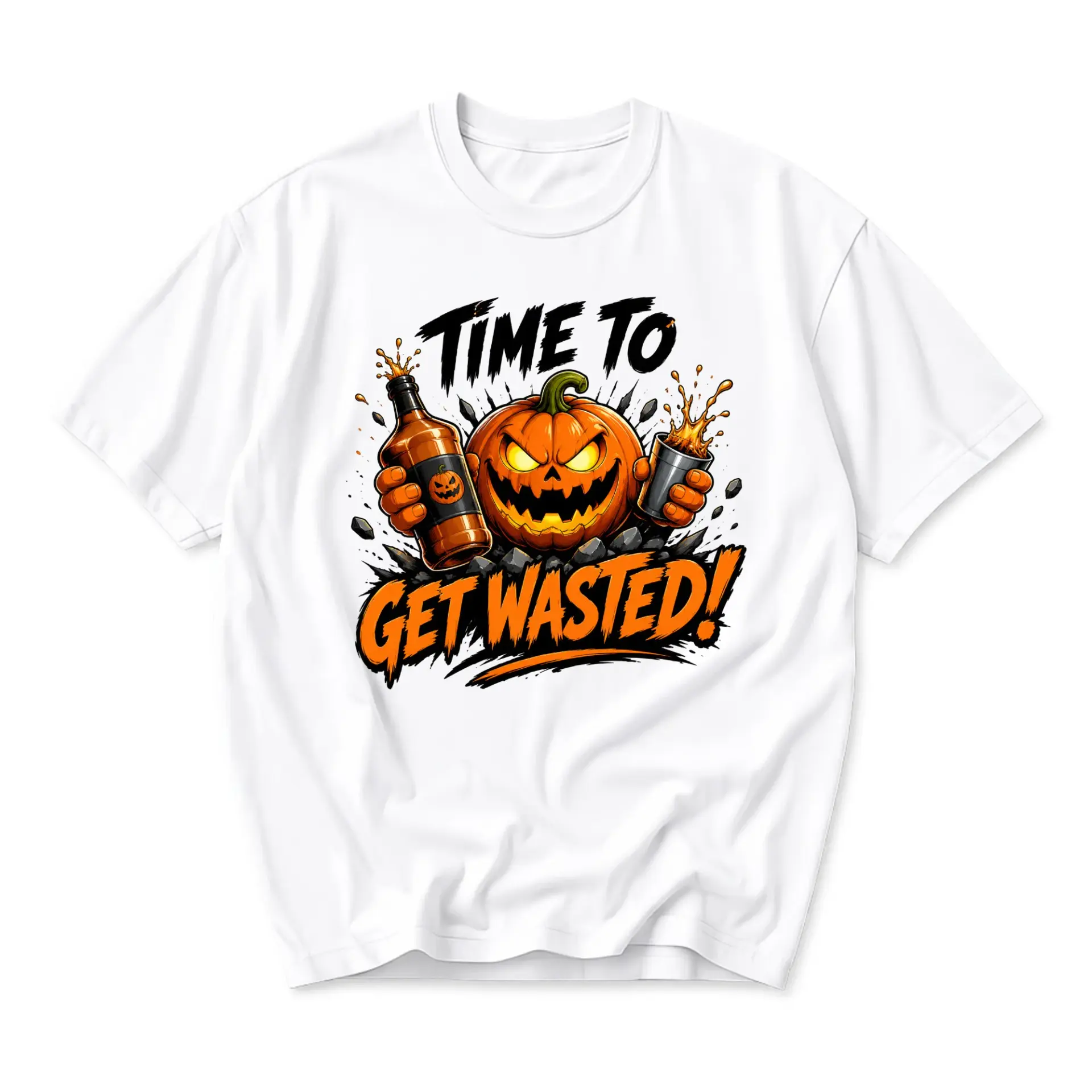 Funny Shirt Time to Get Wasted Pumpkin Graphic Tee Unisex Halloween Inspired Crew Neck Short Sleeve Casual Cotton Top