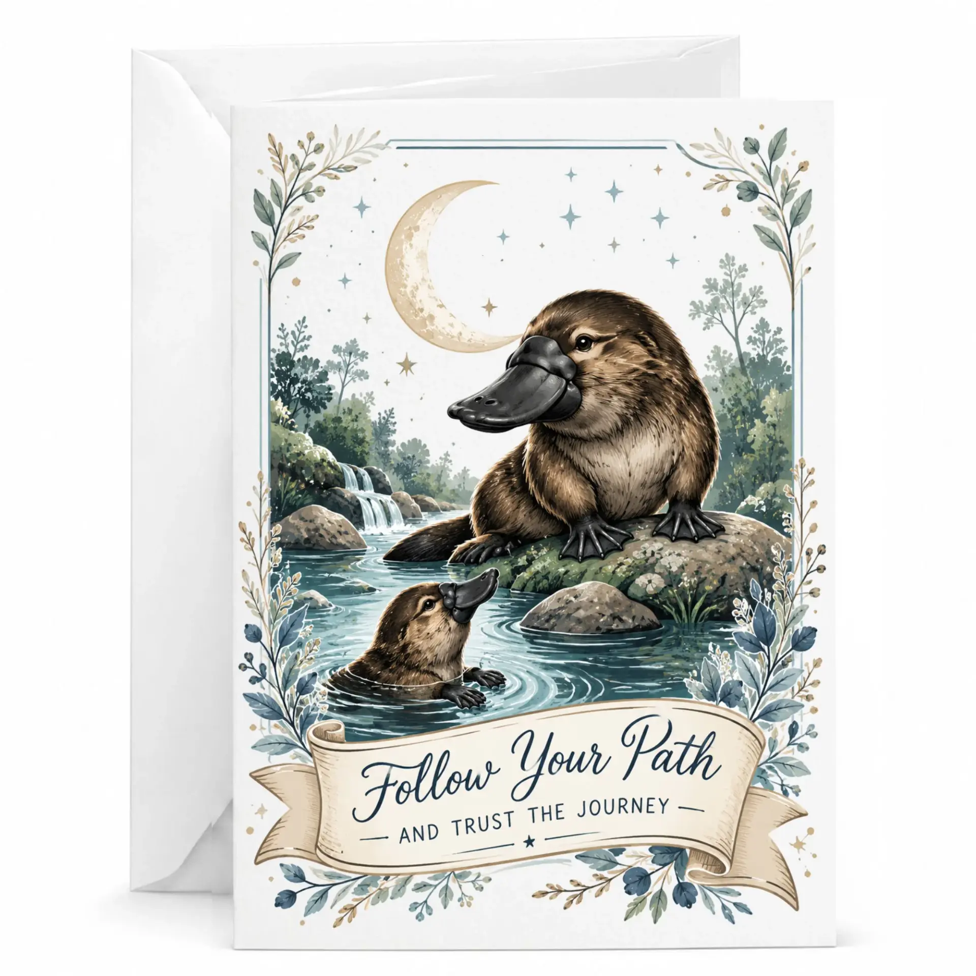 Greeting Card with Platypus Art Follow Your and Trust Inspirational Nature Theme 5x7 Folded