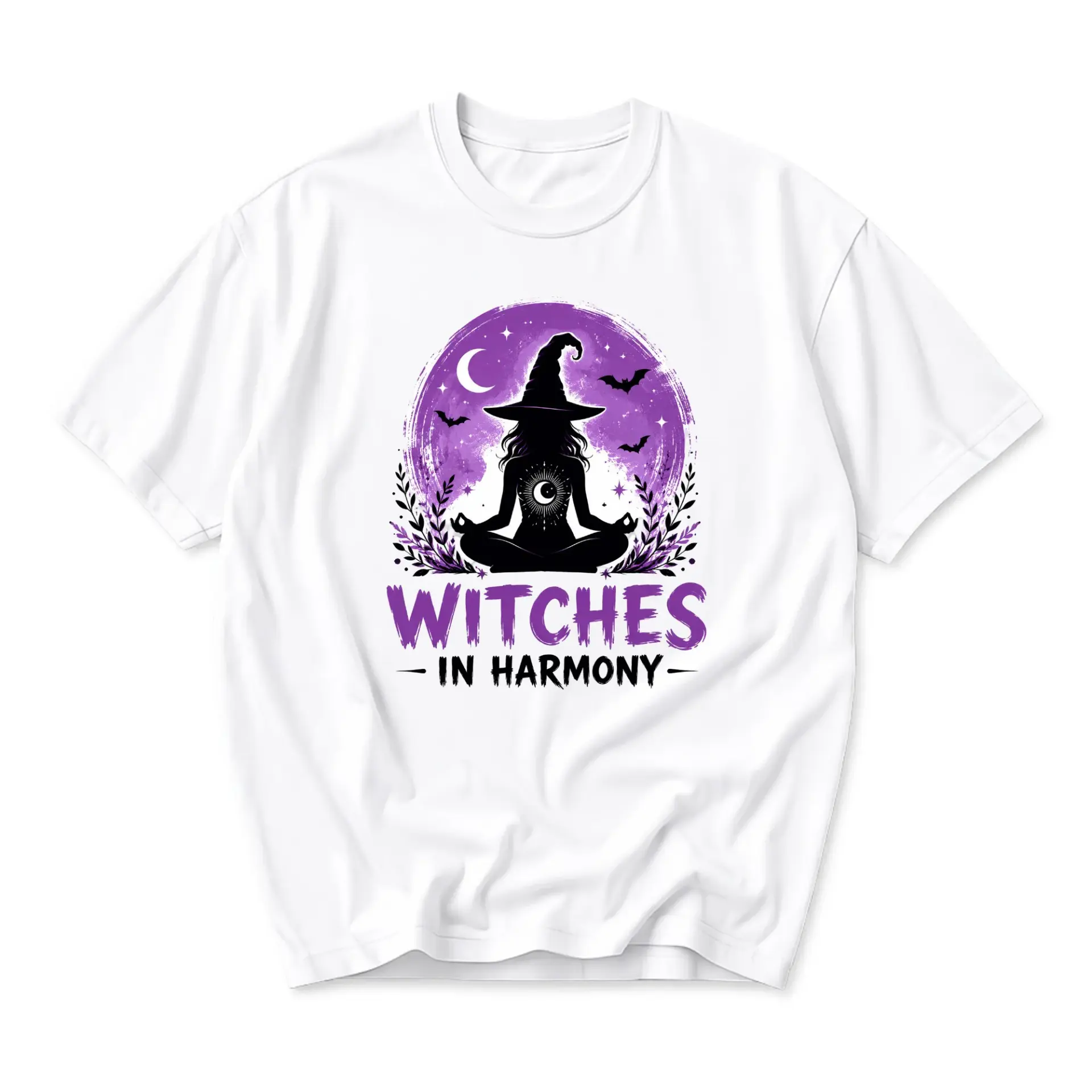Graphic Tee Witches in Harmony Meditation Print Unisex Crew Neck Casual Everyday Wear Soft Cotton Blend White Shirt