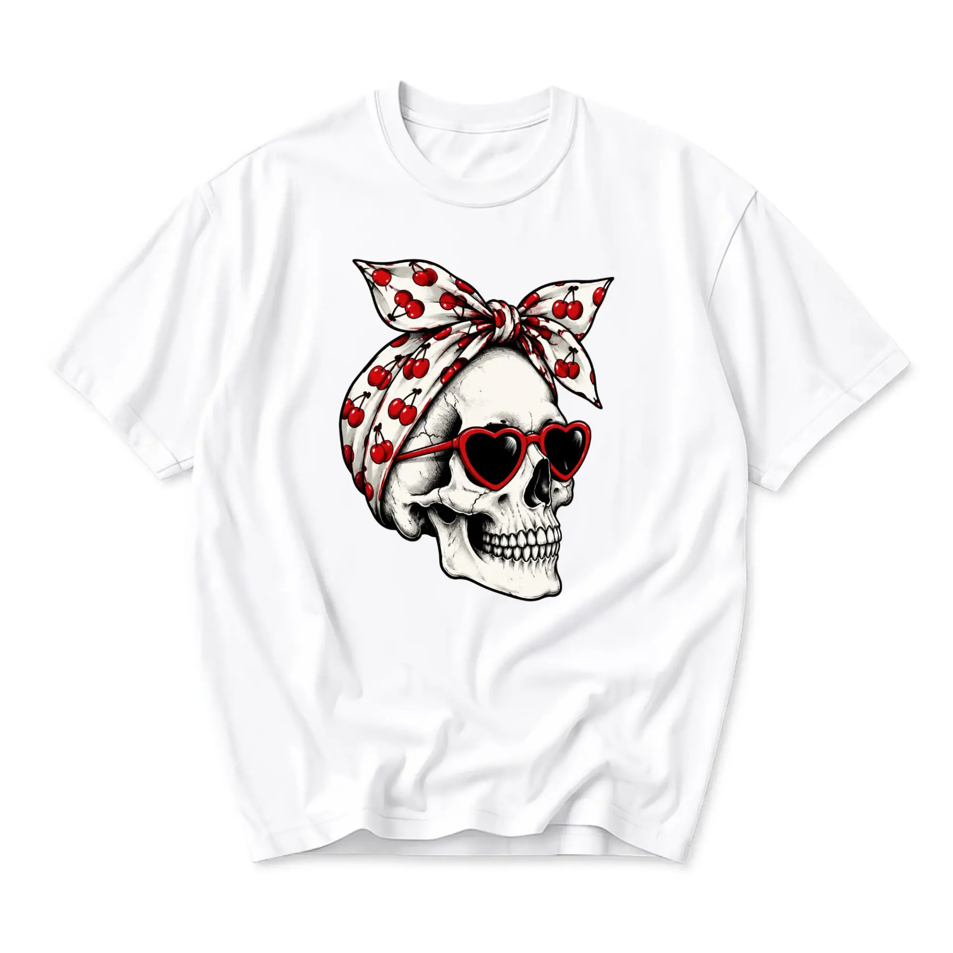 Graphic Tee Unisex Casual Crew Neck Shirt Featuring a Stylish Skull with a Cherry Print Headwrap and Heart Sunglasses