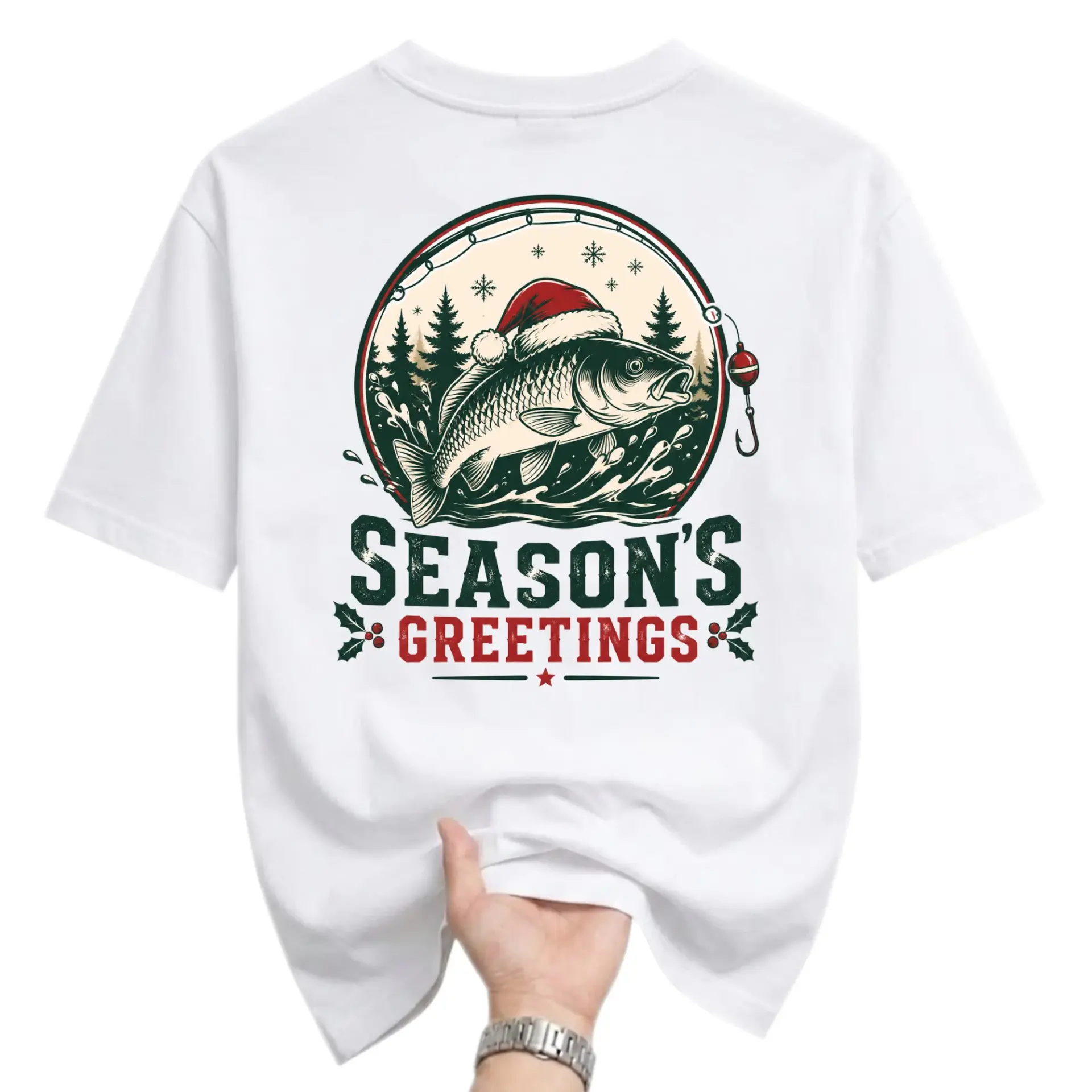 T-shirt Season Greetings Fishing Graphic Tee Unisex Short Sleeve Crew Neck Cotton Blend Holiday Themed Casual Top White