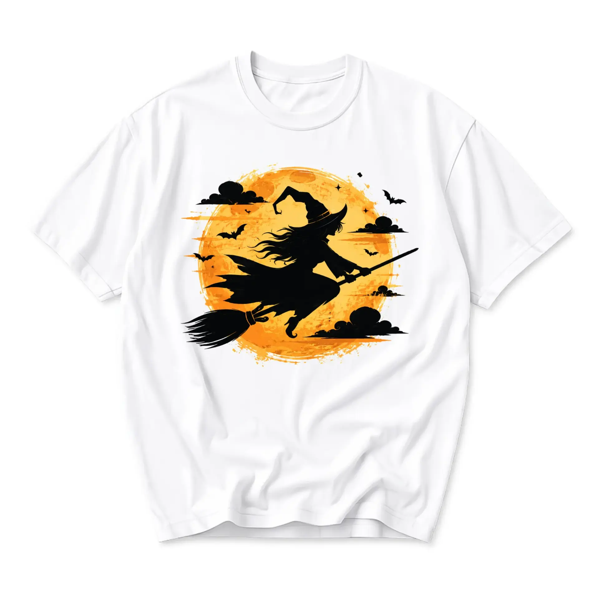 Graphic Tee Witch Flying on Broomstick Silhouette Full Moon Illustration Unisex Cotton Short Sleeve Crew Neck T-Shirt