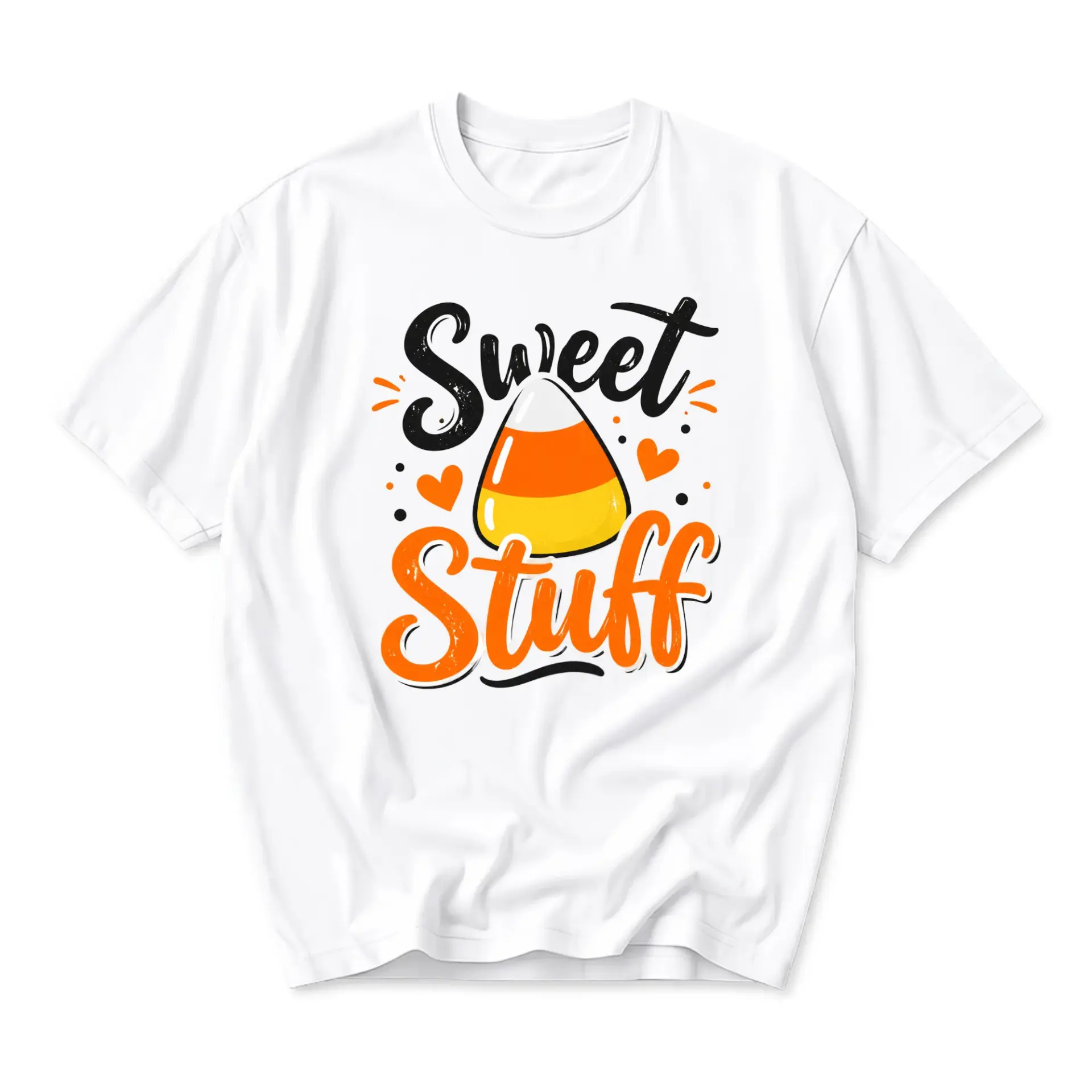 Graphic Tee Sweet Stuff Candy Corn Design Unisex Crew Neck Short Sleeve Shirt for Casual Everyday Wear and Holidays