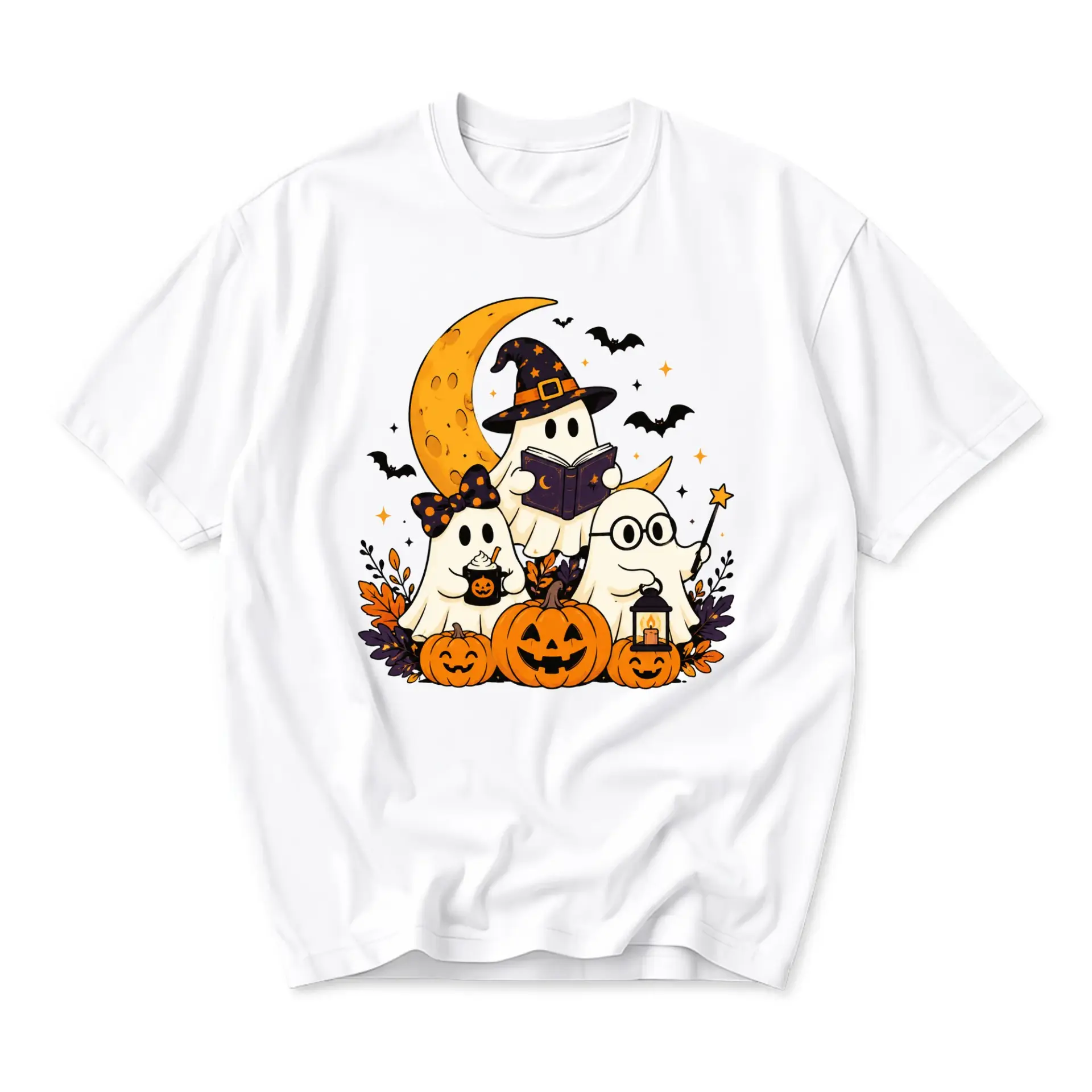 Graphic Tee Cute Ghosts Reading under Crescent Moon Halloween Shirt Unisex Casual Short Sleeve Cotton Blend Top