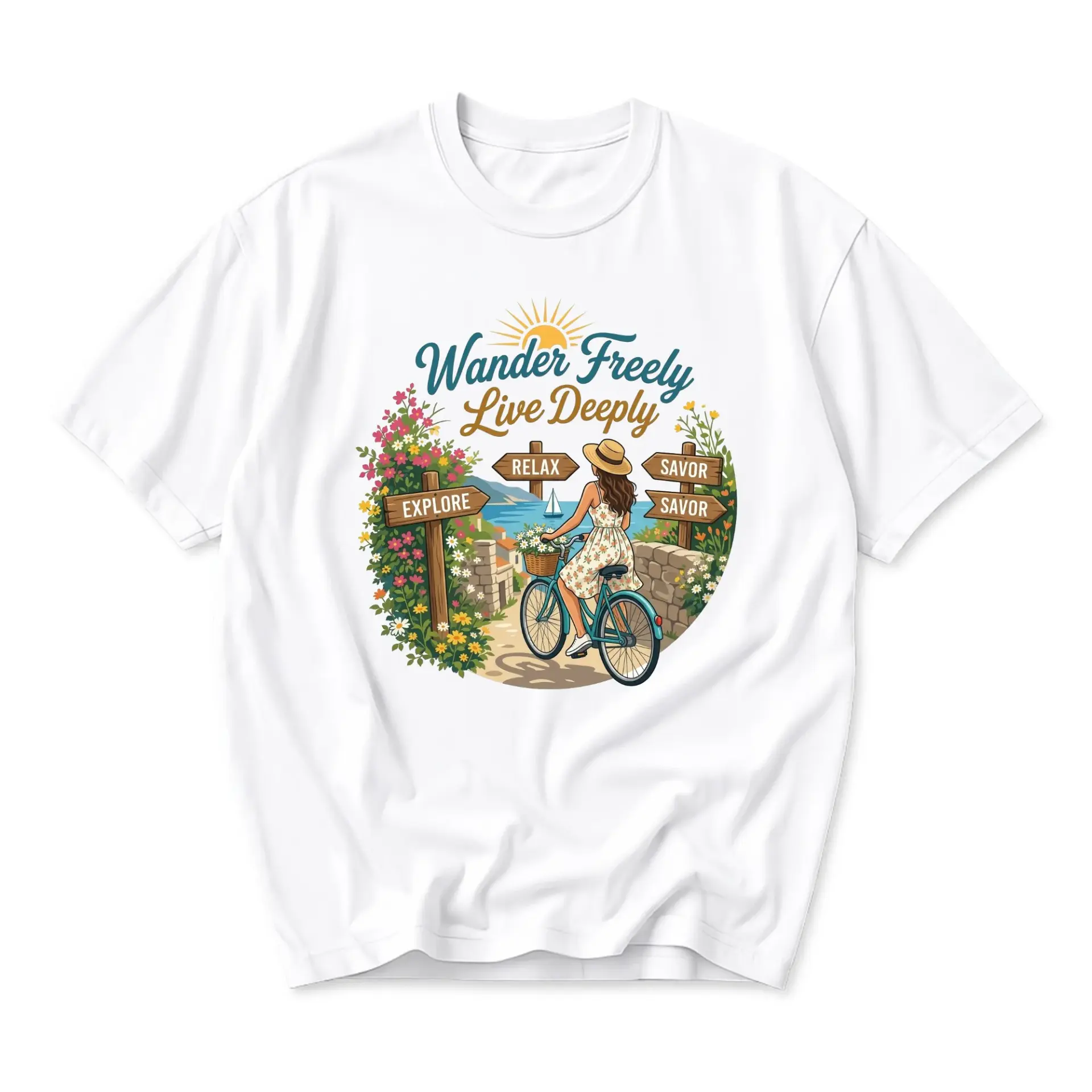 Graphic Tee Wander Freely Live Deeply Floral Bicycle Print Unisex Crew Neck Casual Cotton Blend Summer Short Sleeve Shirt