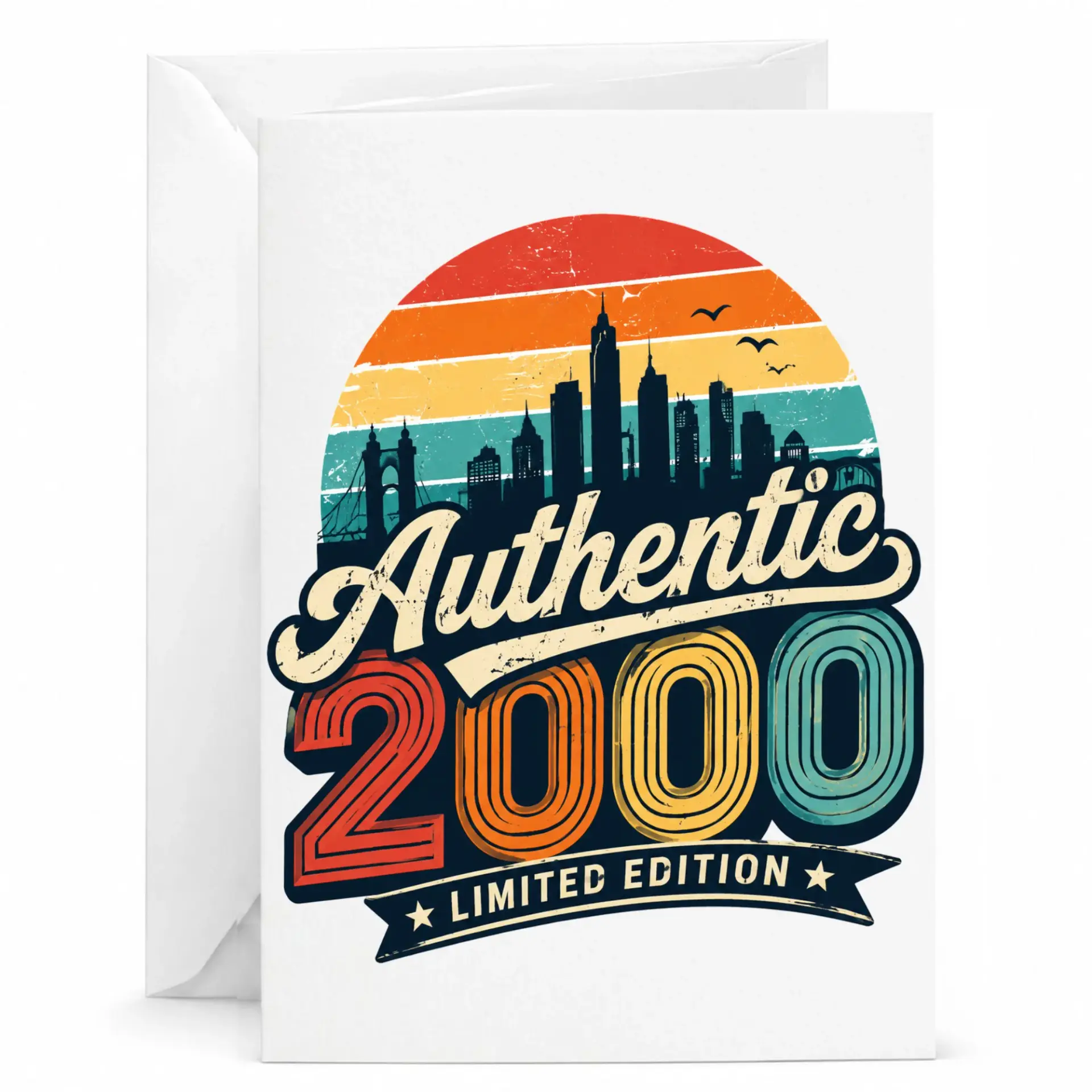 Birthday Card Authentic 2000 Limited Edition Vintage Style Greeting Card Retro City Skyline Graphic Design