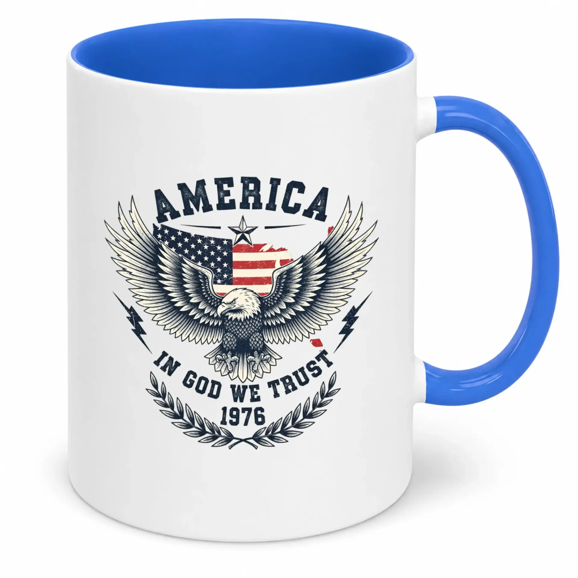 Ceramic Coffee Mug with Patriotic American Eagle Flag Design, in God We Trust 1976 Motto, 11oz or 15oz Beverage Cup for Home & Office