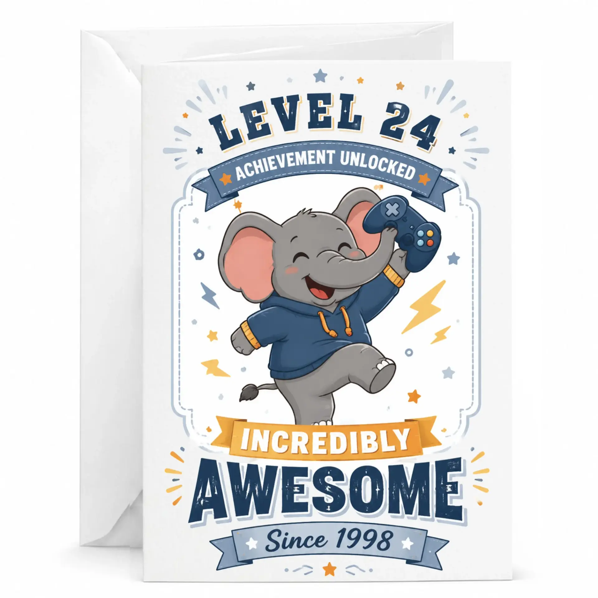 Birthday Card Level 24 Achievement Unlocked Funny Gamer Elephant Greeting Card with Matching White Envelope 5x7 Inch