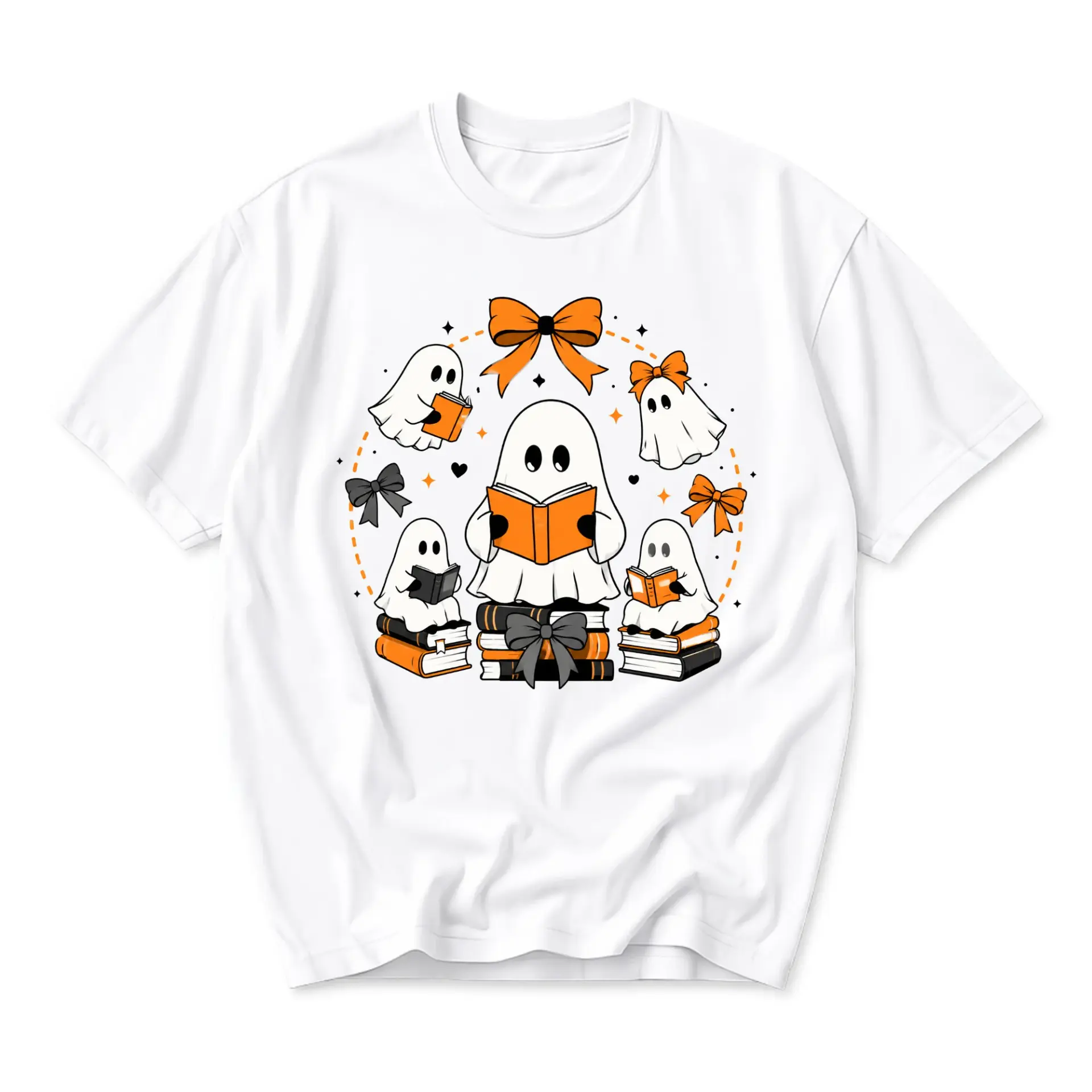 Graphic Tee Reading Ghost Library Lovers T-Shirt Spooky Season Bookish Apparel for Autumn Casual Everyday Wear
