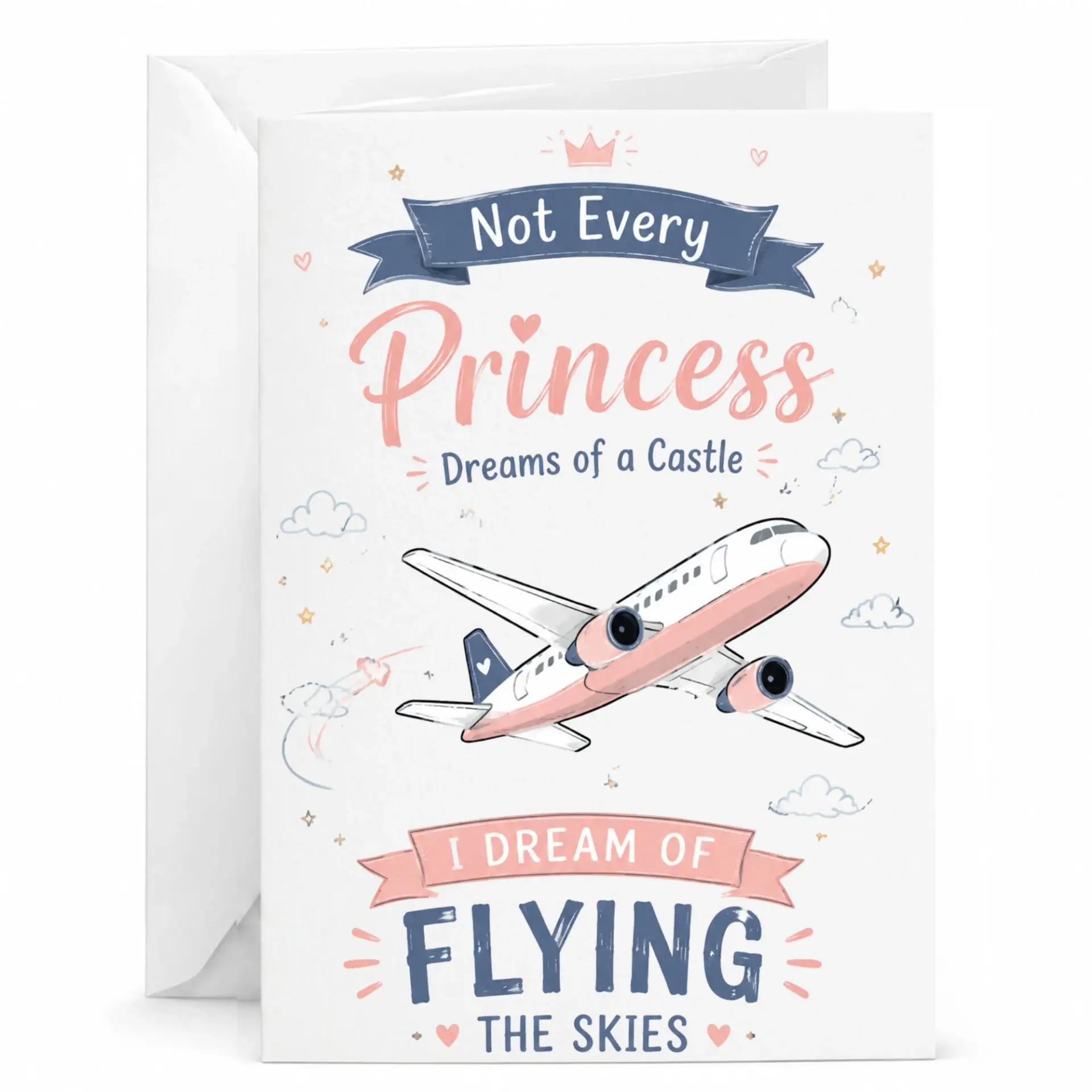 Greeting Card Princess Airplane Travel Theme Motivational Stationery for Birthday Congratulations and Encouragement