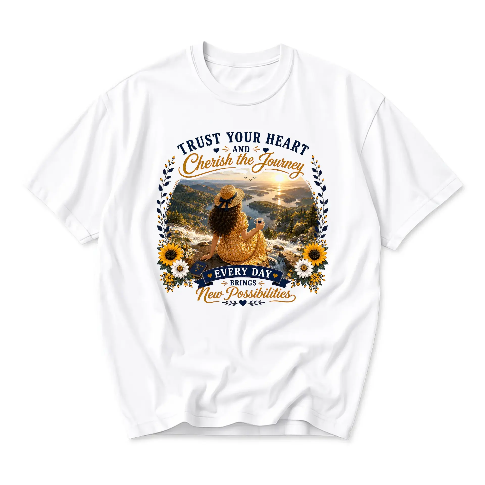 T-shirt Trust Your Heart and Cherish the Journey Graphic Tee Inspirational Nature Scene Printed Unisex Crew Neck Top
