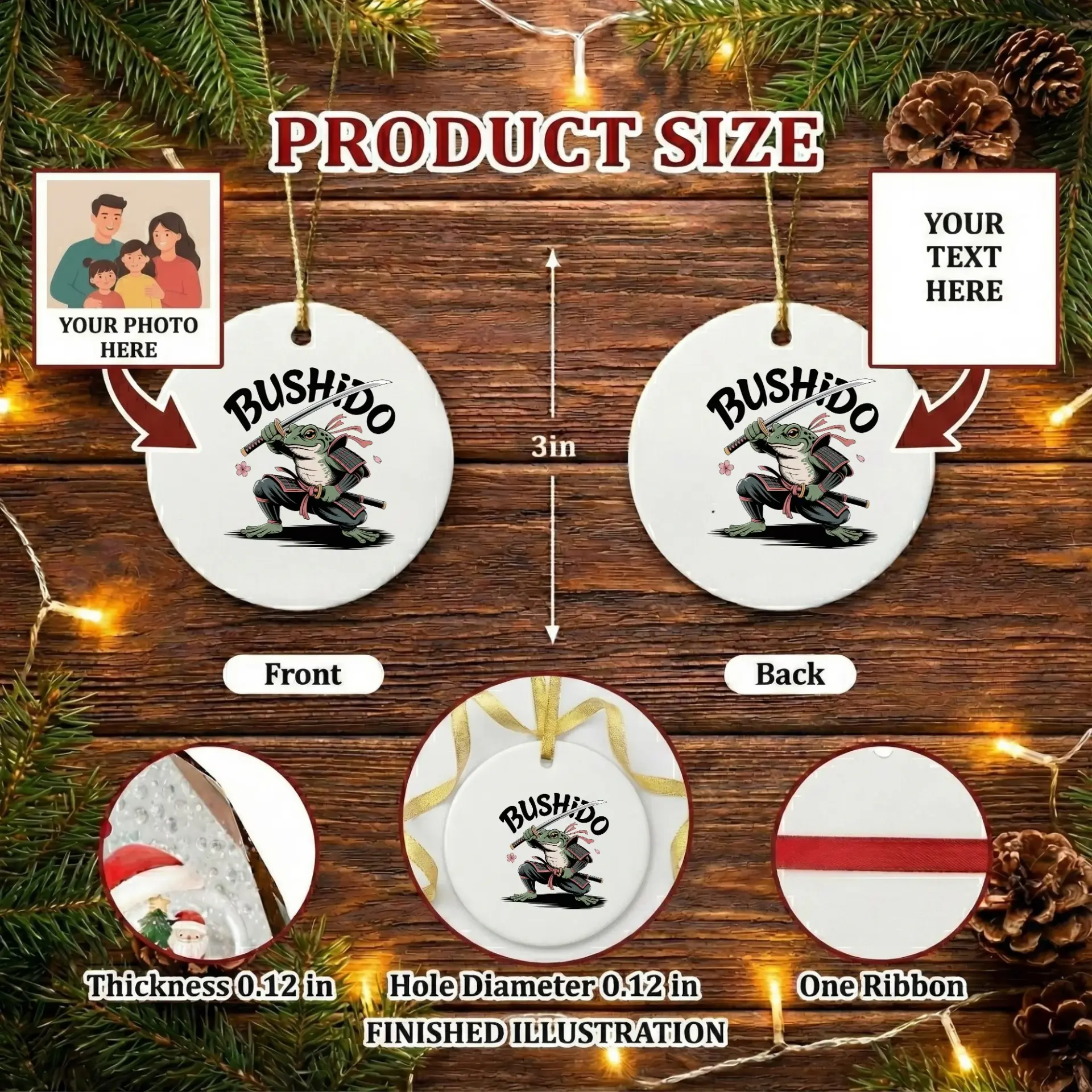 Christmas Ornament Bushido Samurai Frog Design Ceramic Round Decoration for Holiday Home Tree Decor and Seasonal Keepsake