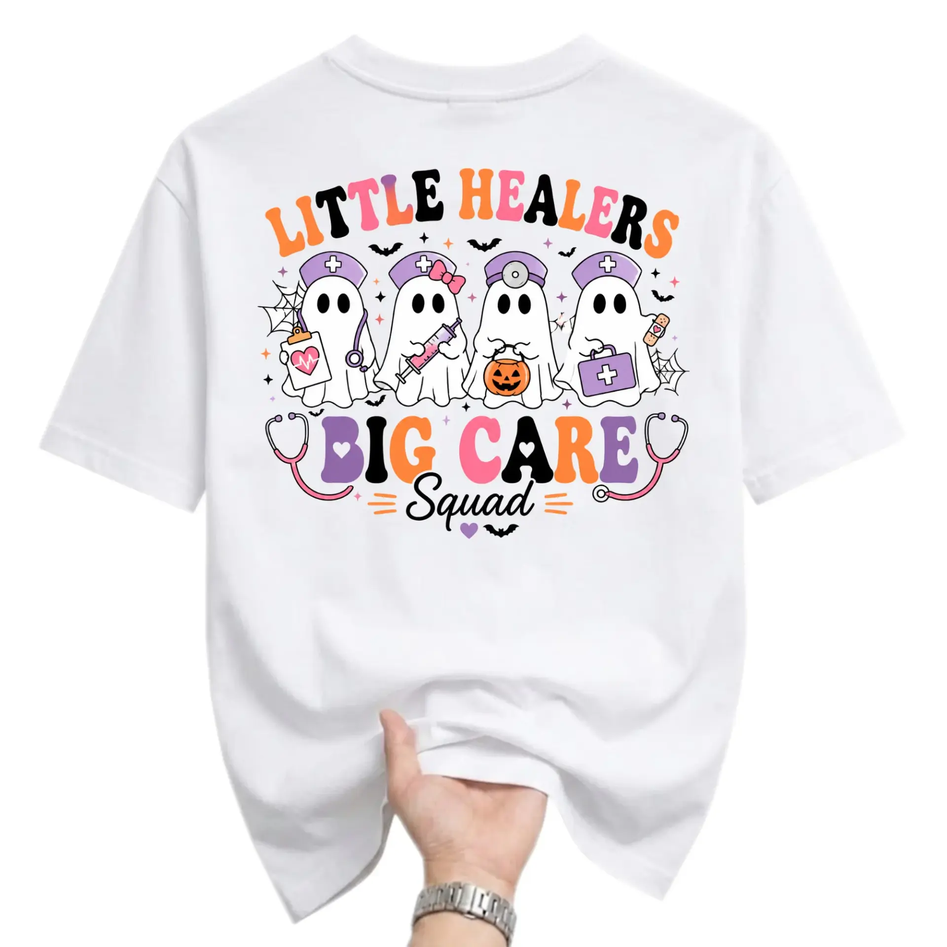 Graphic Tee Little Healers Big Care Squad Nurse Ghost Print Unisex Cotton Crew Neck Short Sleeve Casual Shirt