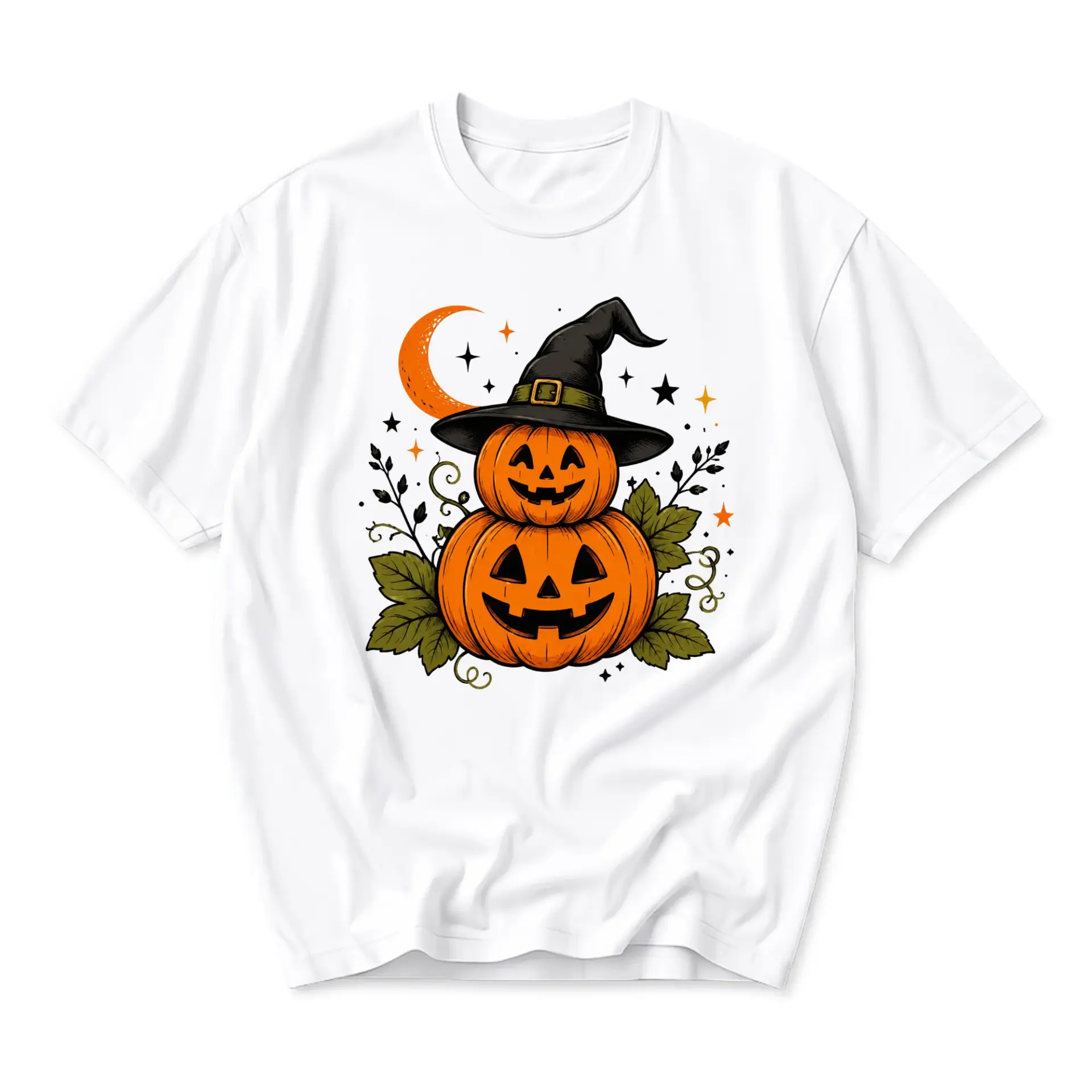 Graphic Tee Unisex Crew Neck T-Shirt Featuring a Stacked Jack O Lantern Pumpkin Wearing a Witch Hat Autumn Design