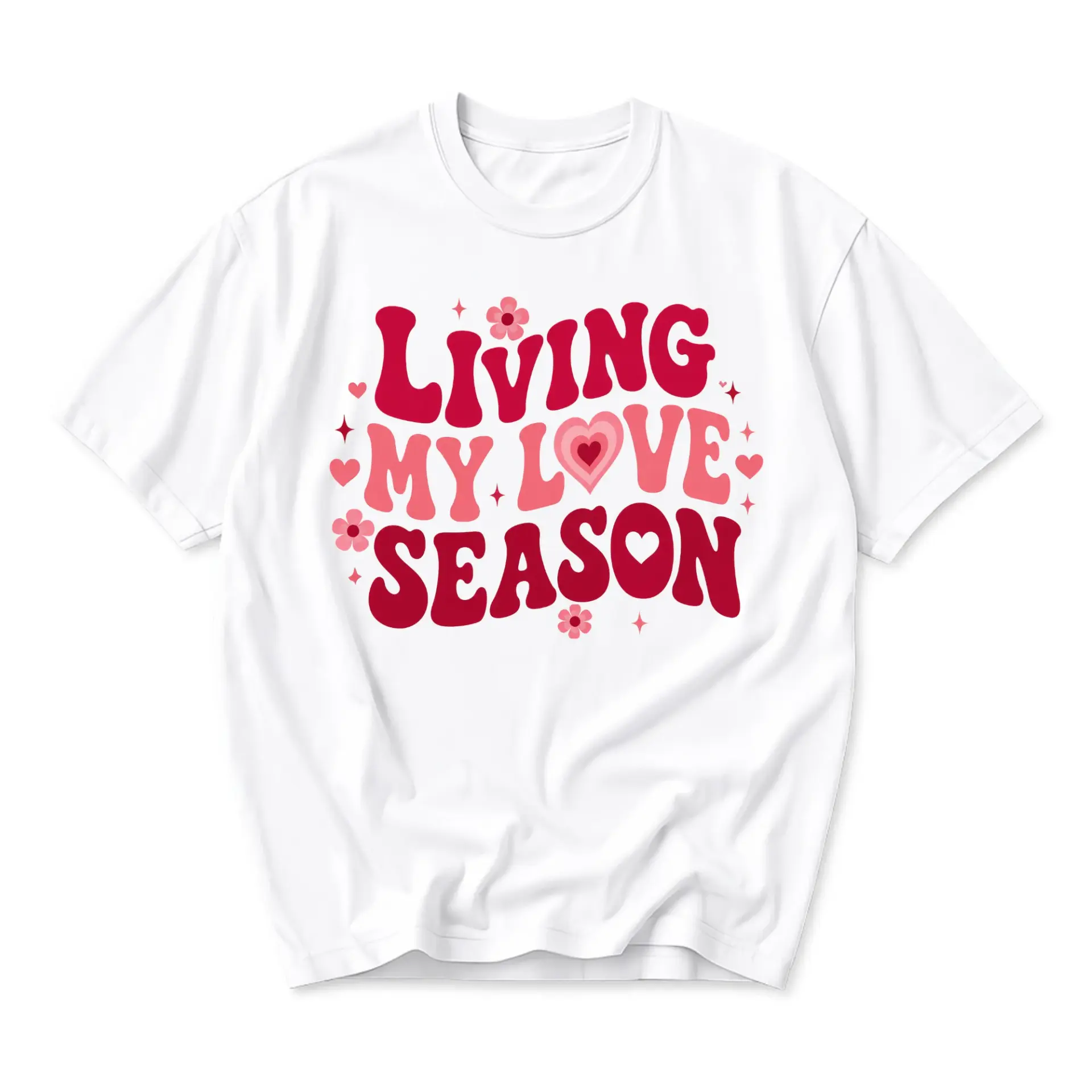 Graphic Tee Living My Love Season Shirt Retro Aesthetic Heart Flower Print Unisex Cotton Crew Neck Casual Summer Top