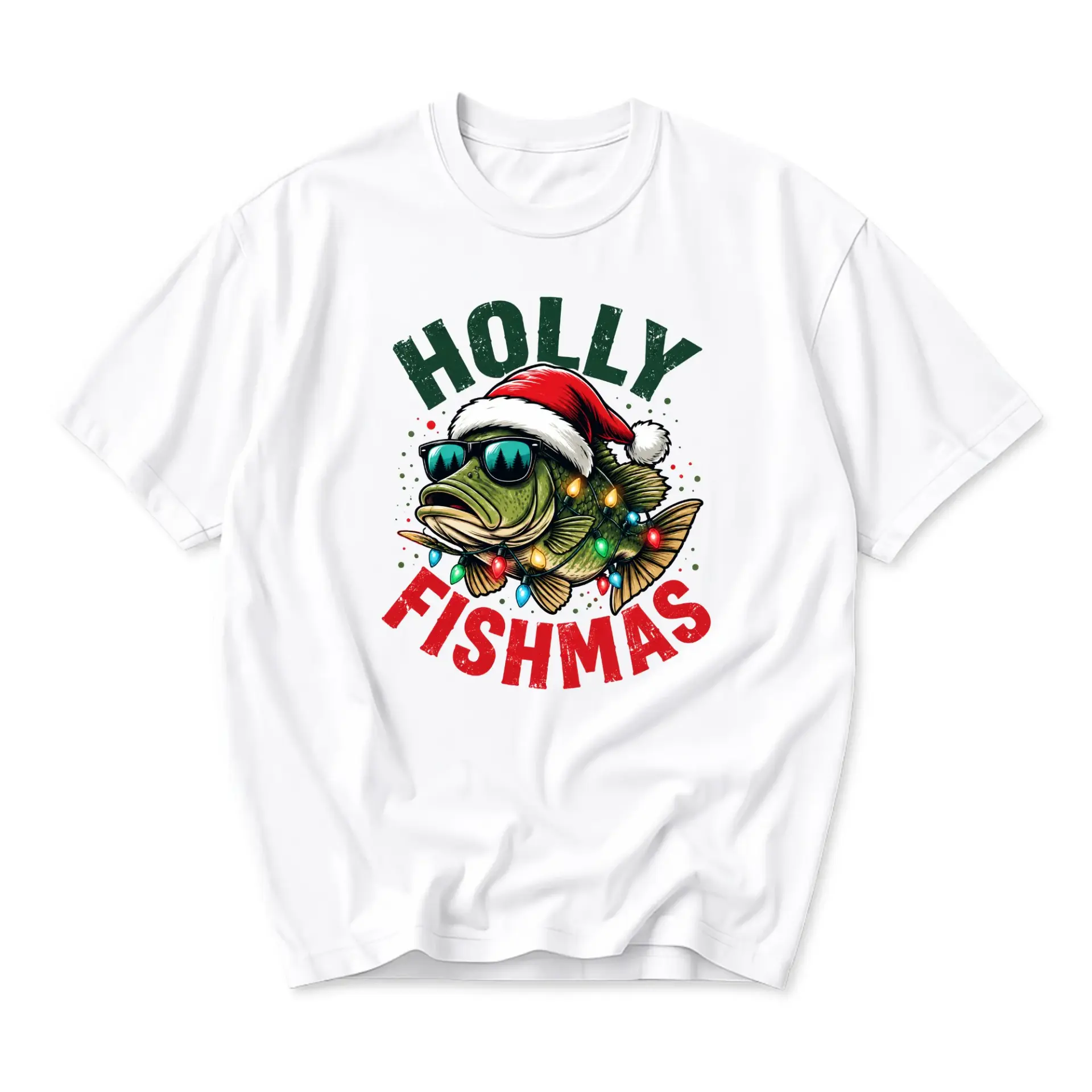 Funny Shirt Holly Fishmas Fishing Holiday Graphic Tee Unisex Short Sleeve Crew Neck Casual Cotton Blend Top