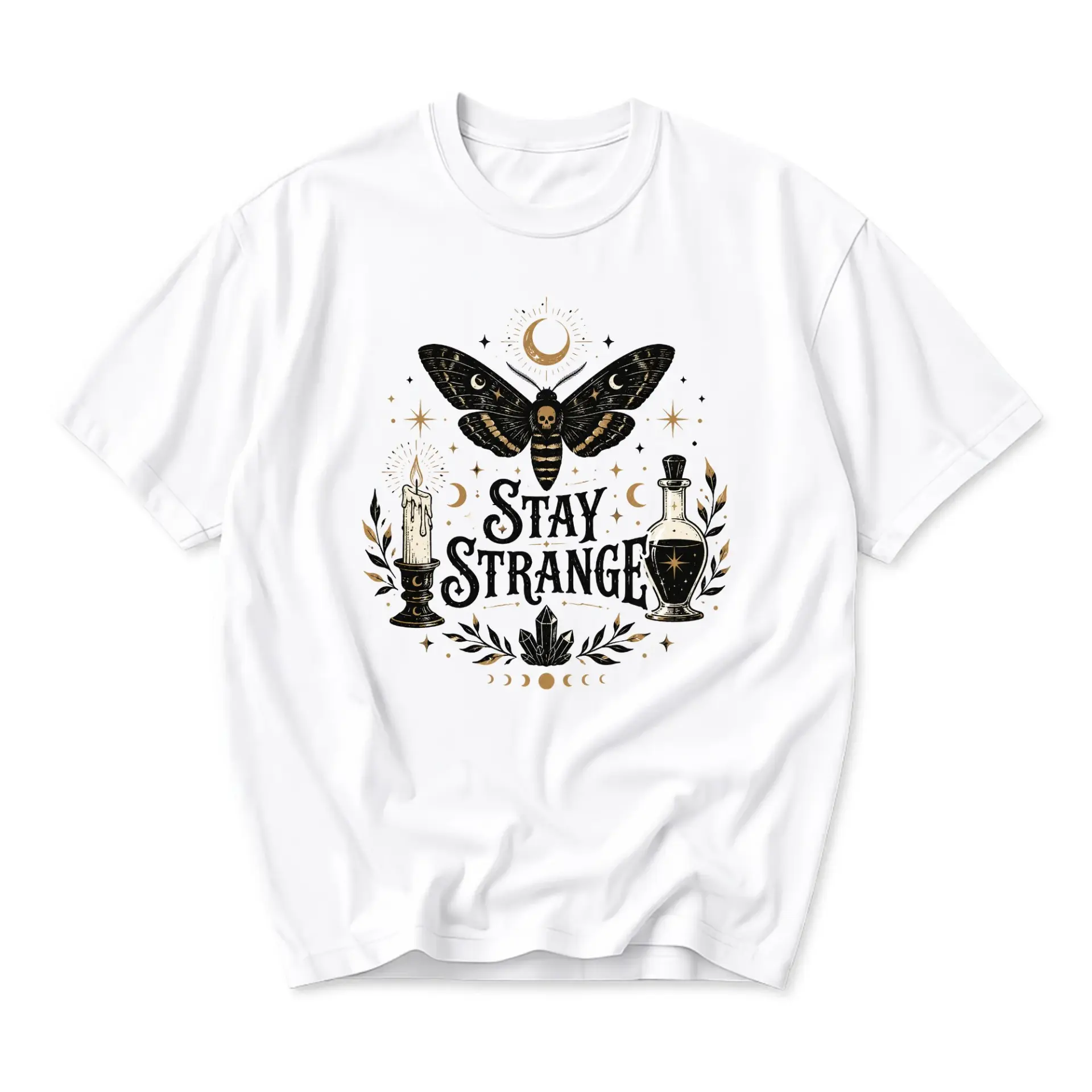 Graphic Tee Stay Strange Moth Print Unisex Shirt Celestial Occult Aesthetic Short Sleeve Casual Cotton Crew Neck Top