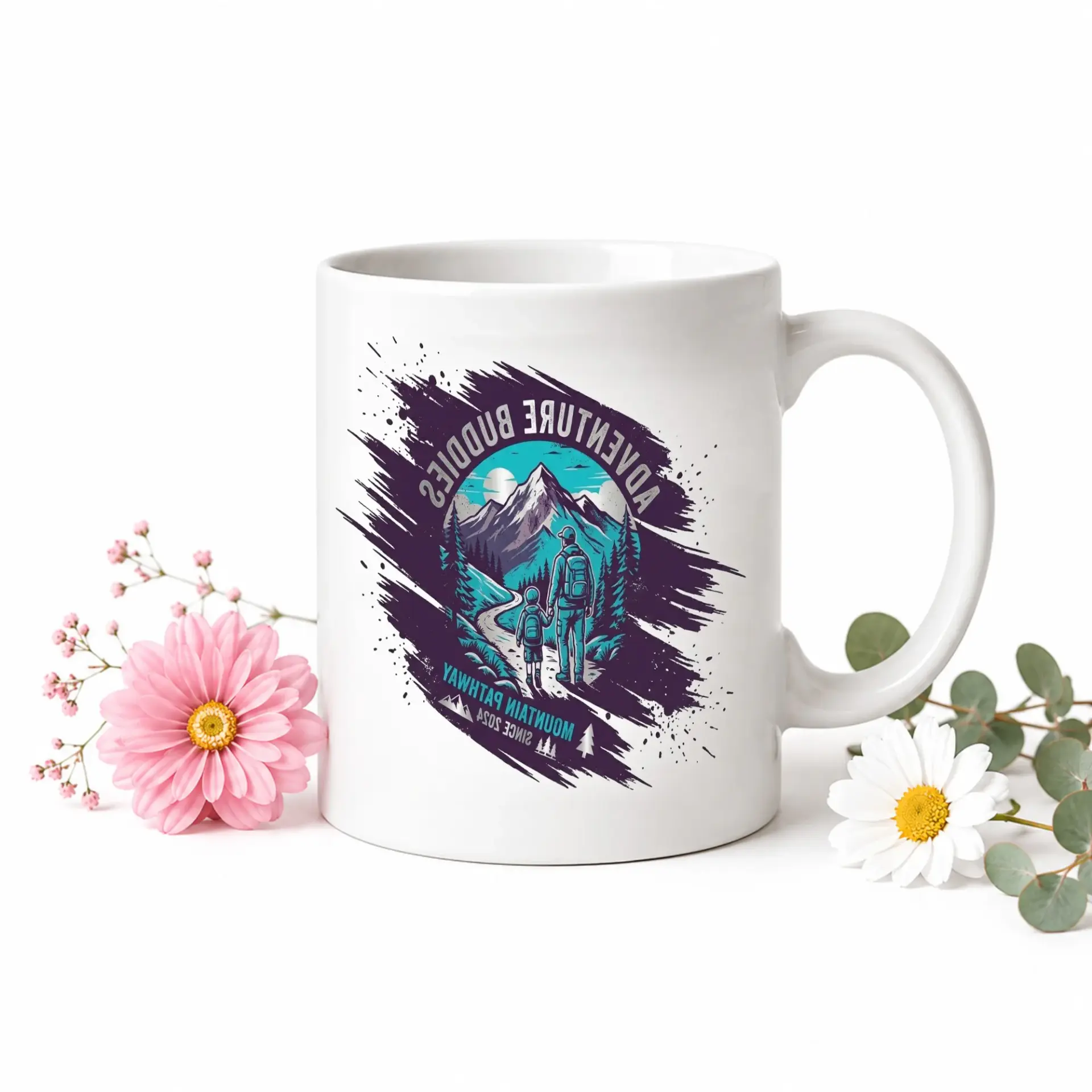 Adventure Buddies Mountain Pathway Ceramic Coffee Mug with Blue Handle and Rim Graphic Travel Themed Drinkware Gift