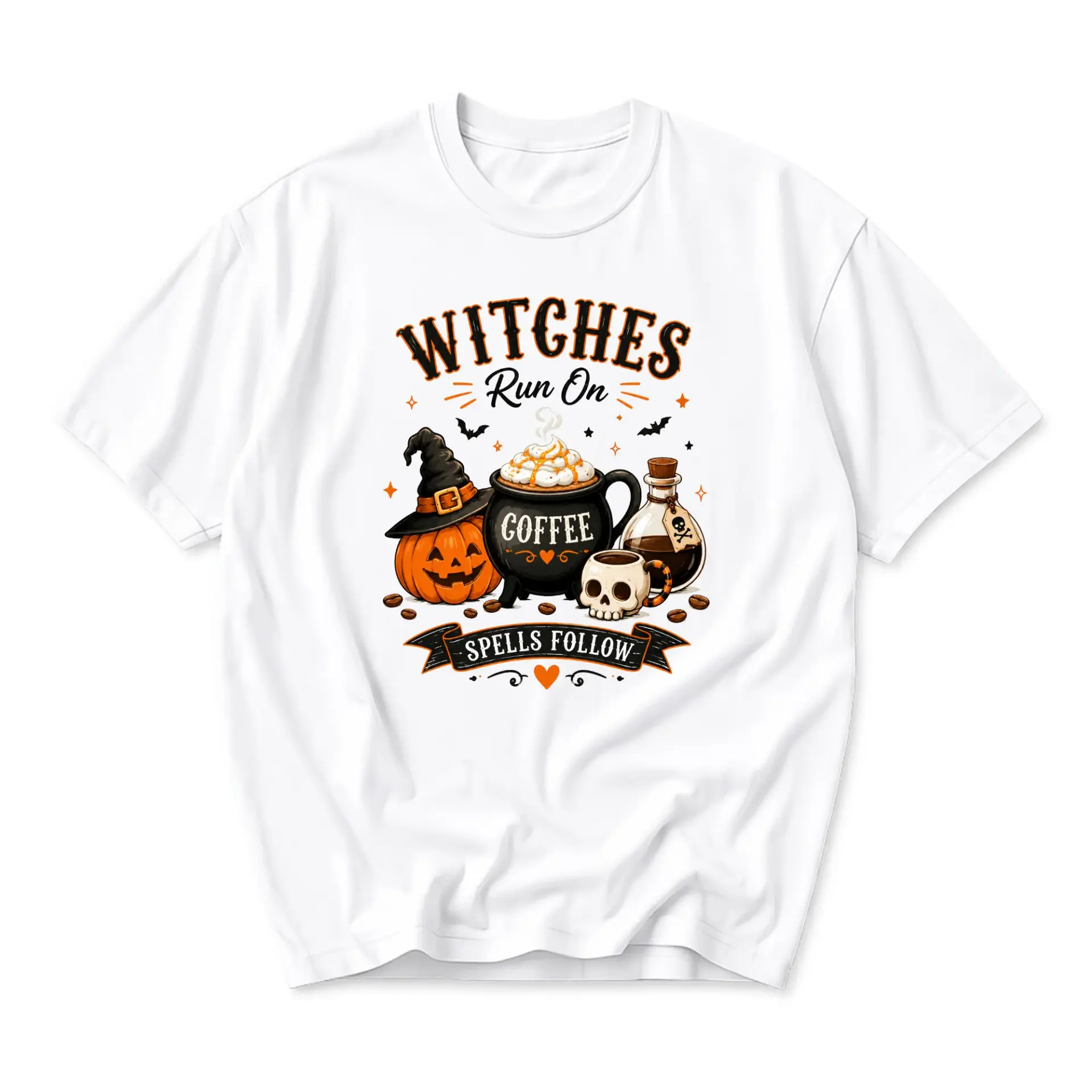 Funny Shirt Witches Run on Coffee Spells Follow Halloween Graphic Tee Unisex Soft Cotton Crew Neck Casual Top