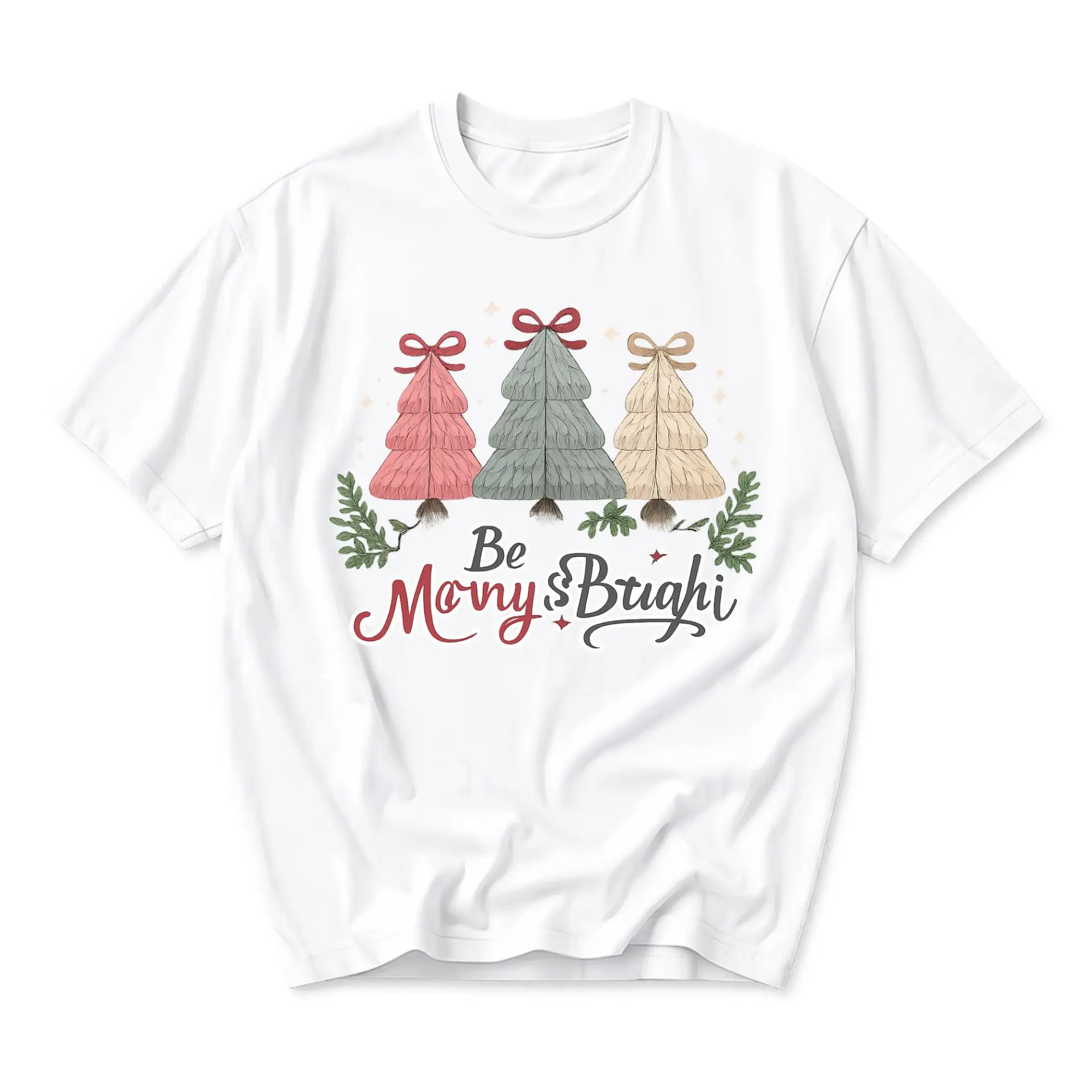 Graphic Tee Be Merry and Bright Christmas Tree Print Unisex Crew Neck