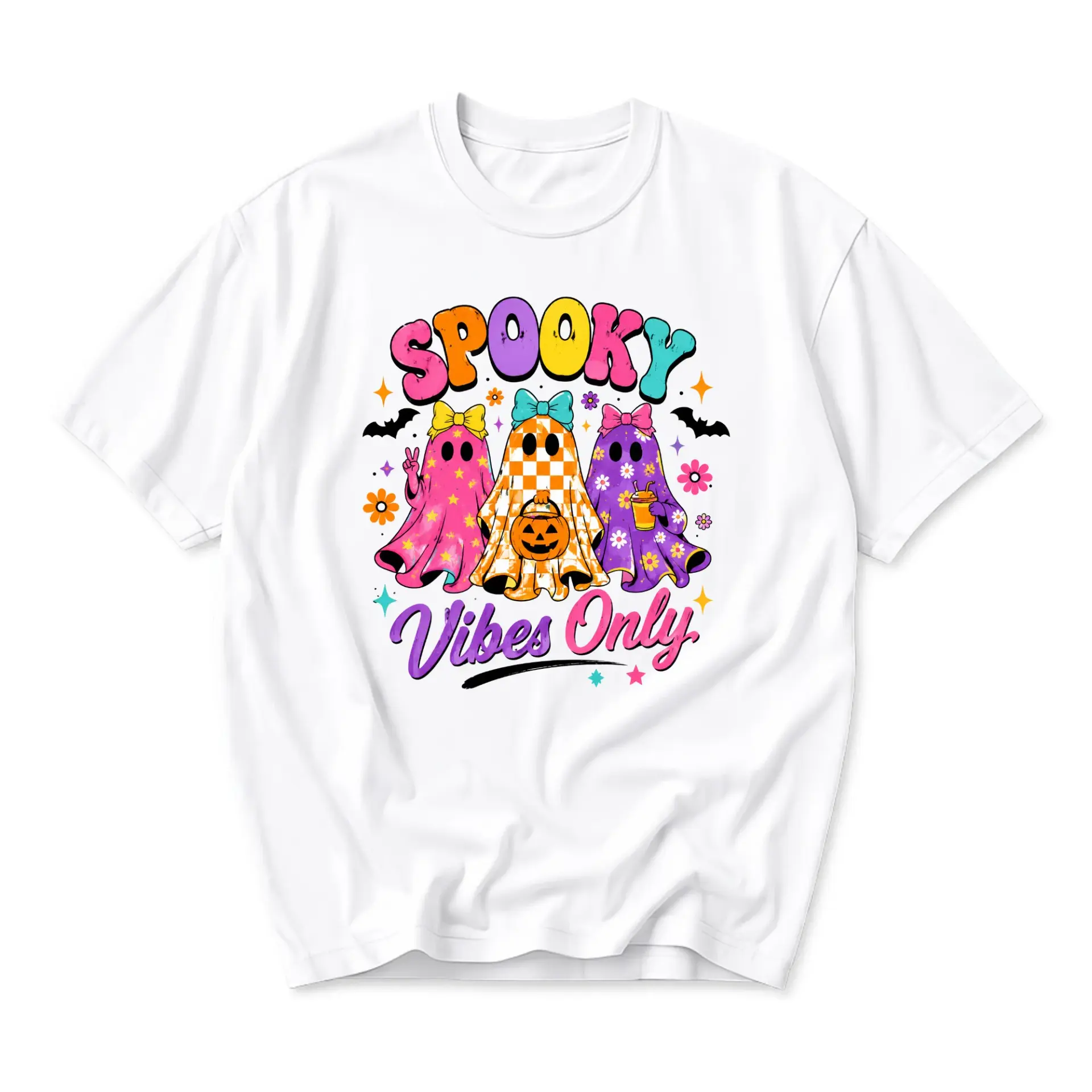 Graphic Tee Spooky Vibes Only Retro Halloween Shirt Featuring Colorful Ghosts for Everyday Casual Fall Season Outfits