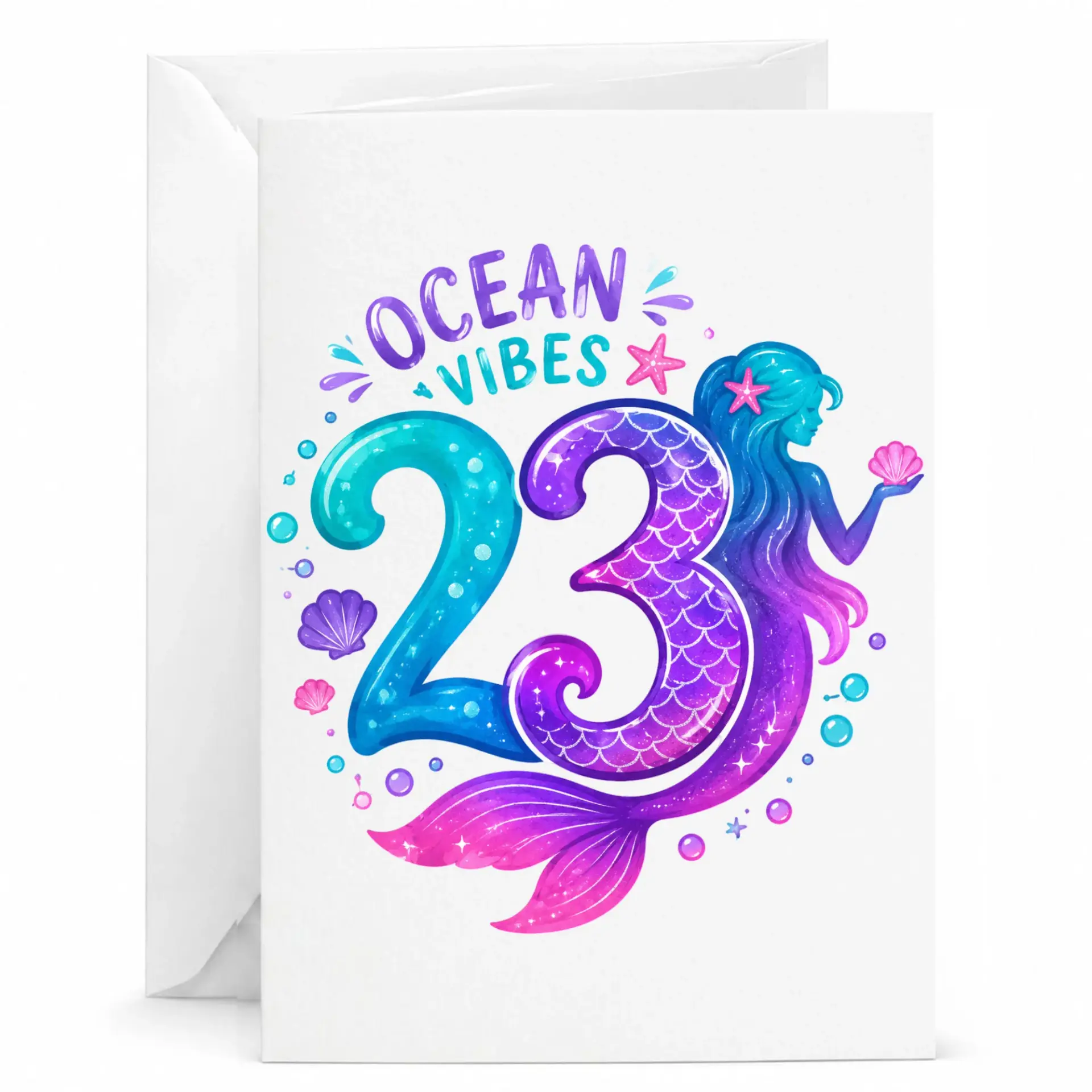 Birthday Card Ocean Vibes Mermaid Themed 23rd Birthday Greeting Card with Envelope for Her Women Milestone Celebration