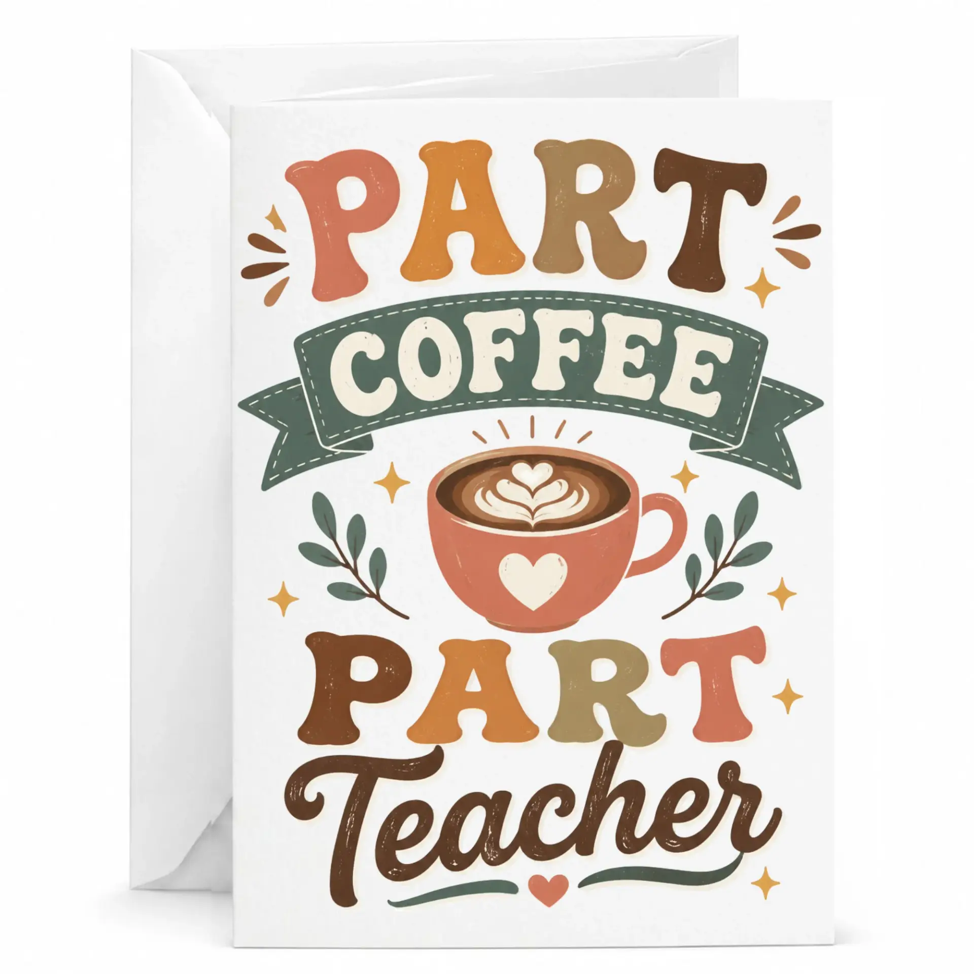 Funny Coffee Greeting Card for Teachers Part Teacher Design 5x7 Inch Stationary with Envelope