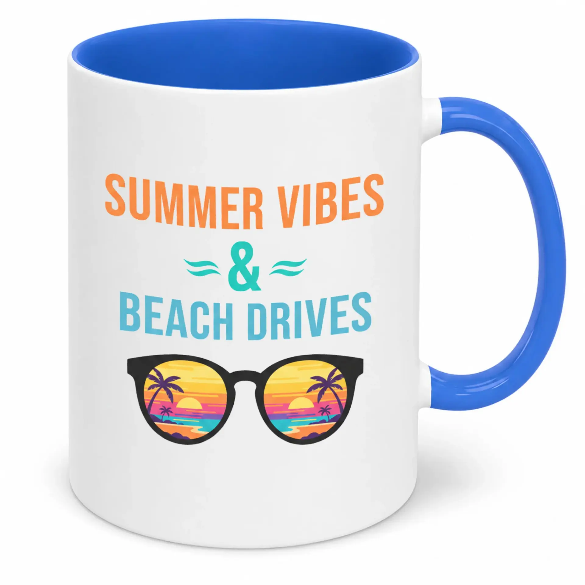 Summer Vibes & Beach Drives Ceramic Coffee Mug, 11oz or 15oz, Beach Sunset Sunglasses Design, Vacation Themed Drinkware for Home and Office